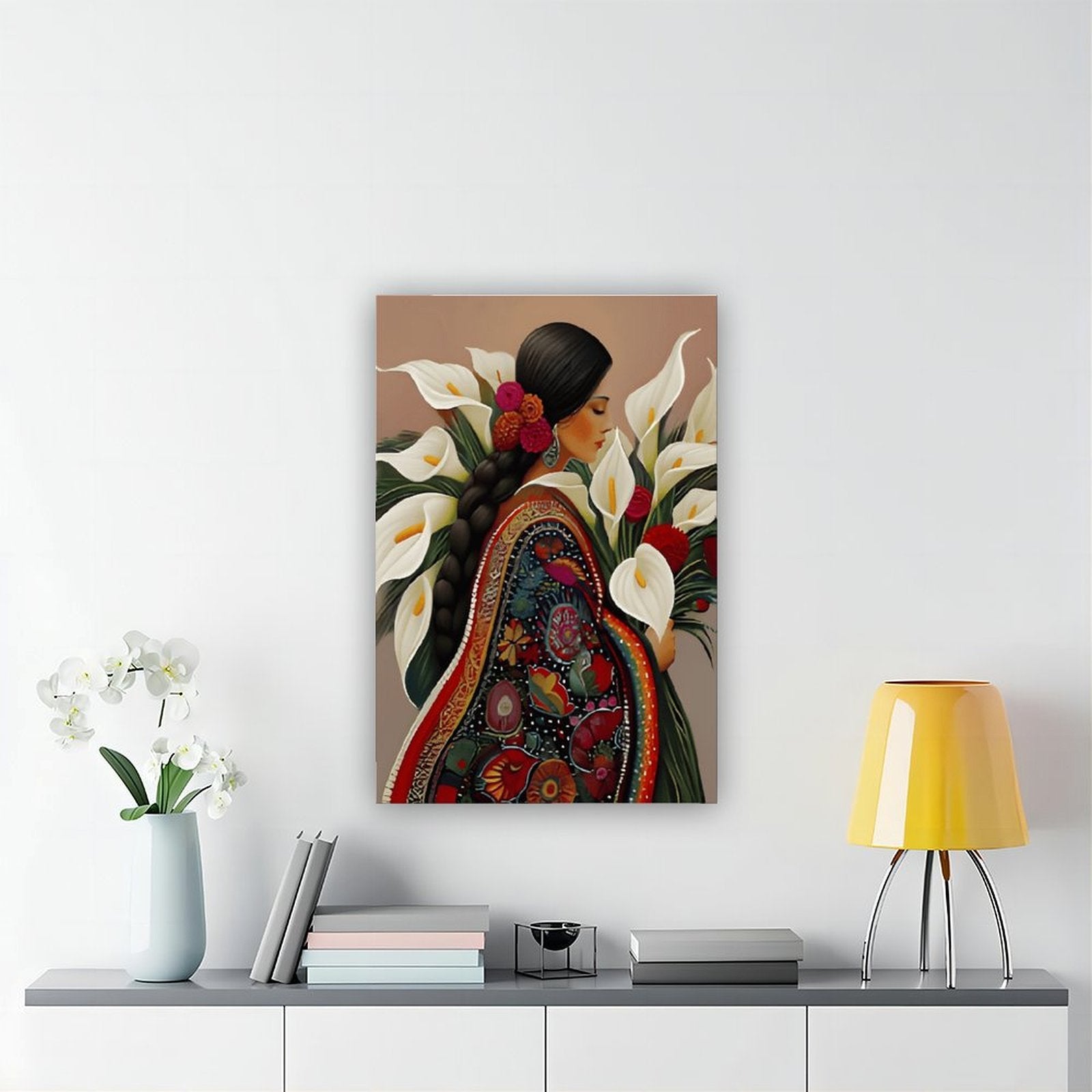 stylized woman surrounded by lilies and red flowers in decorative figurative art style — Wrapped Canvas SCENE_04