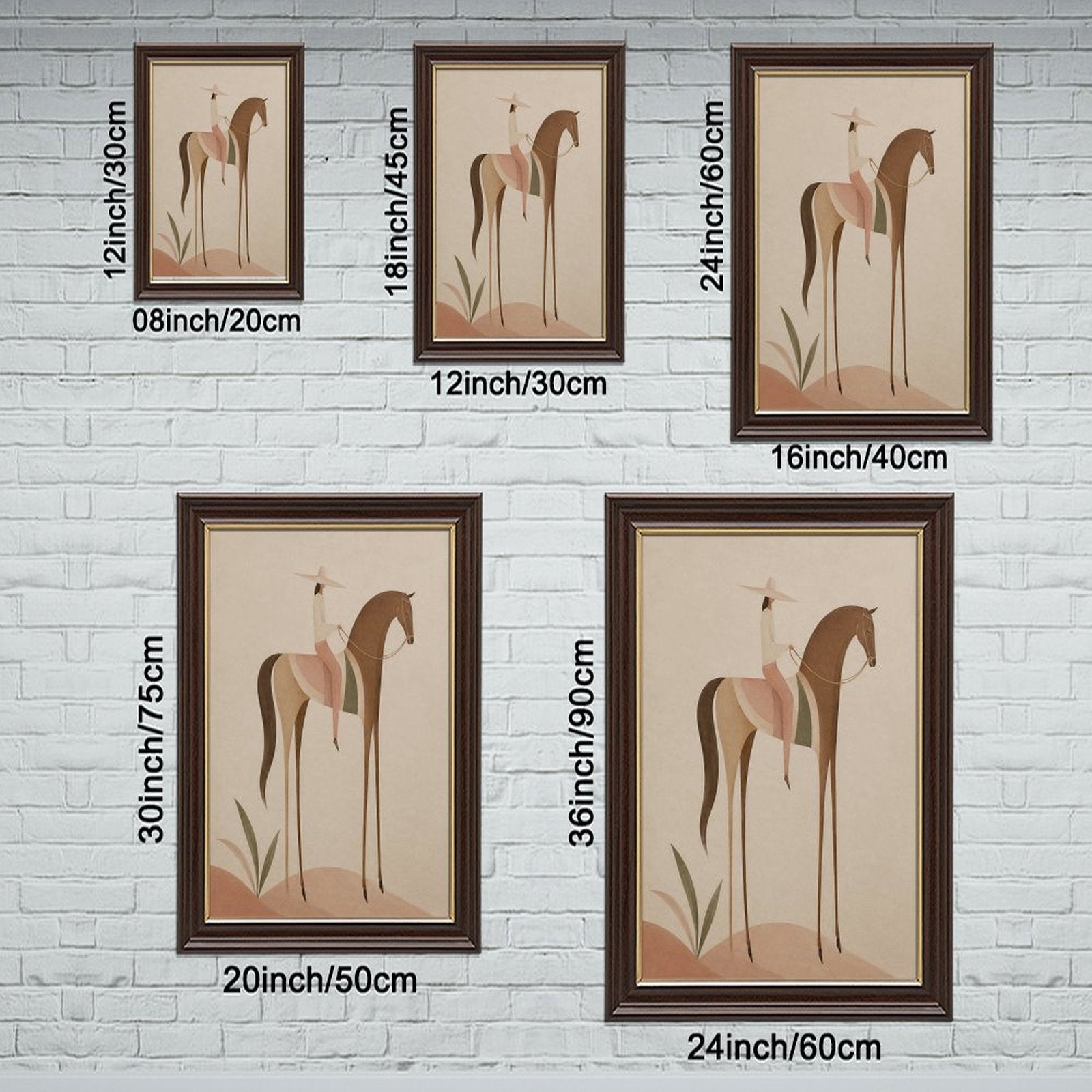 Soft Blush Long Horse canvas wall art featuring a graceful long-limbed horse in soft blush pink, warm beige, muted cream tones, displayed in the Wood Grain Gold Frame style