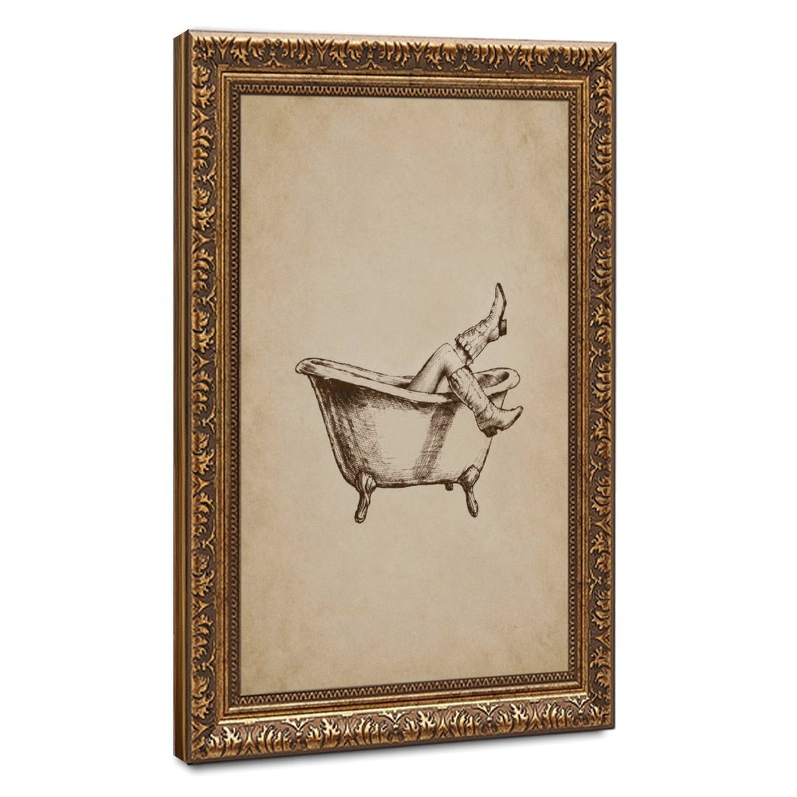 relaxed figure lounging in a clawfoot bathtub with legs raised in sepia, warm cream tones — Vintage Gold Frame HERO