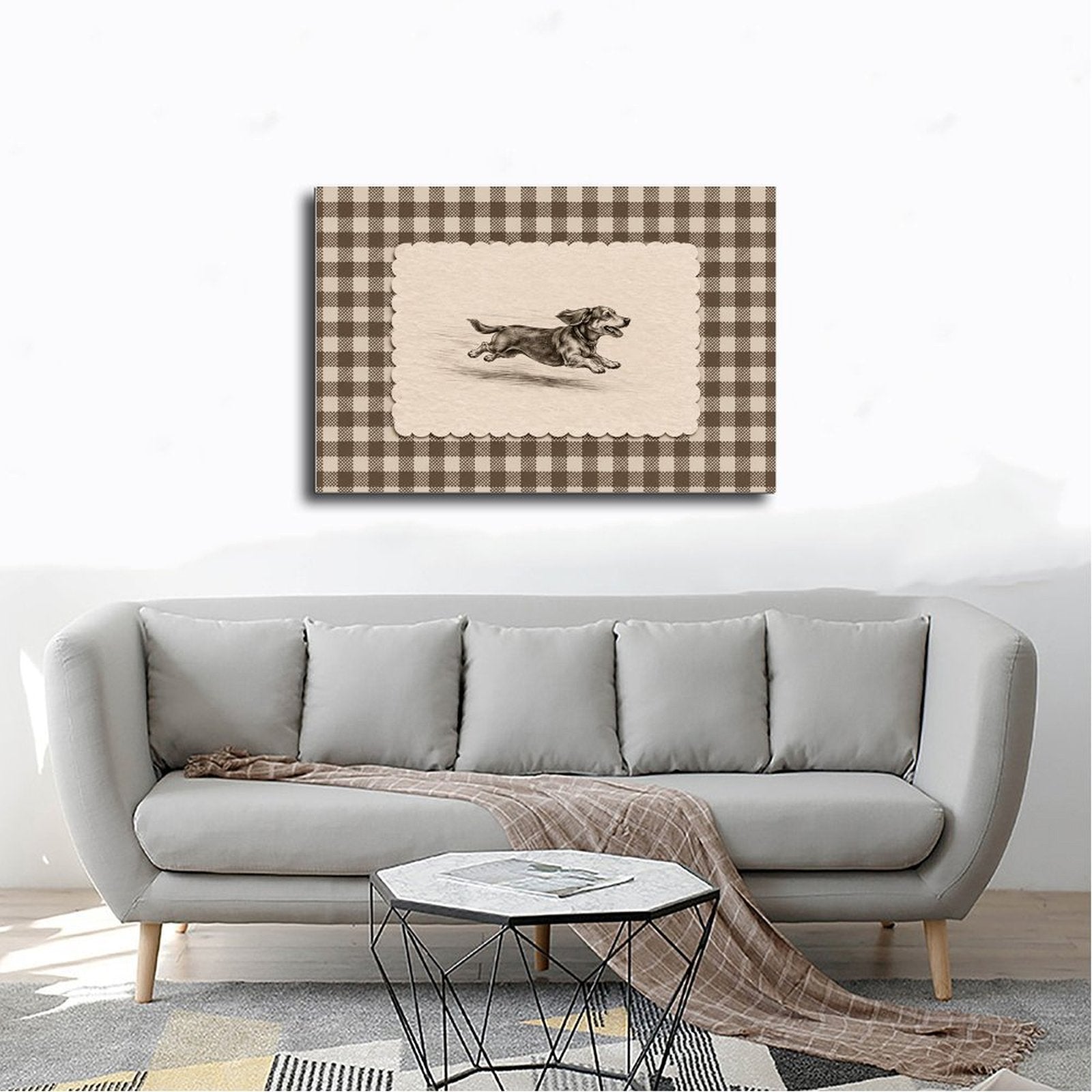running dachshund in a vintage sketch panel in black, cream, taupe tones — Wrapped Canvas SCENE_02