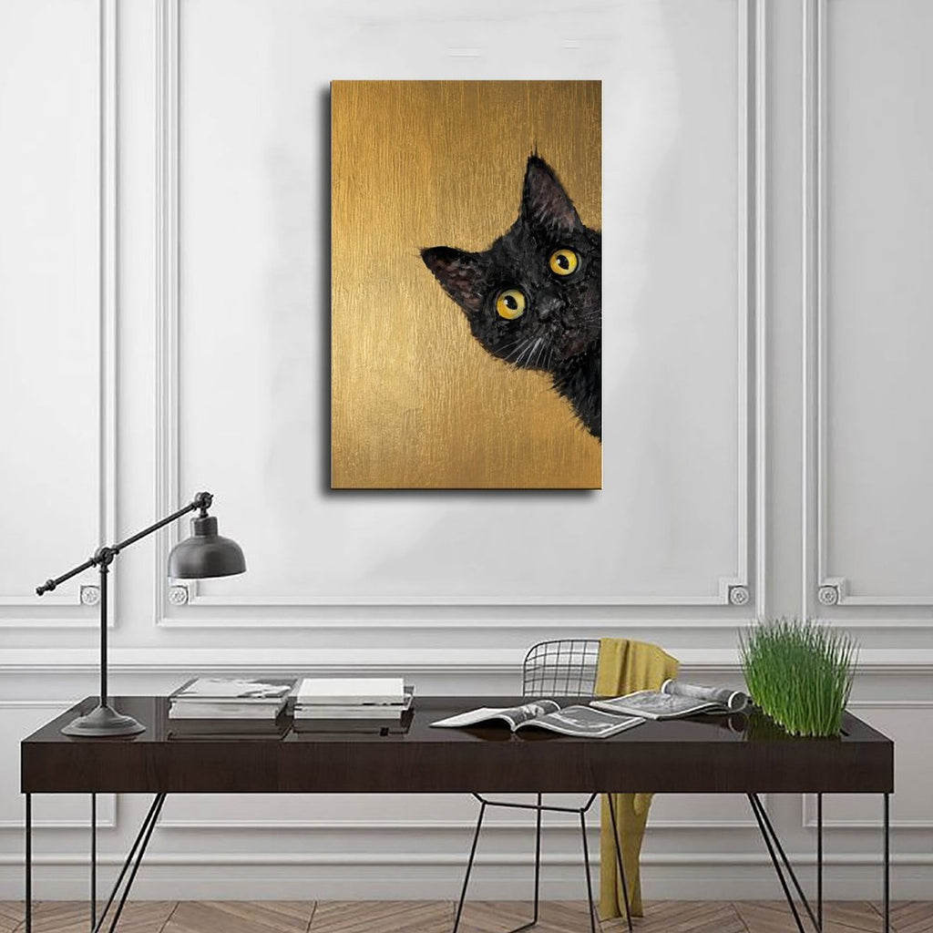 black cat peeking into the composition in black, mustard gold tones — Wrapped Canvas SCENE_01