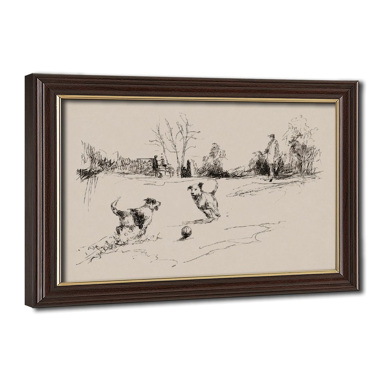 two dogs playing with a ball in black, warm cream tones — Wood Grain Gold Frame HERO