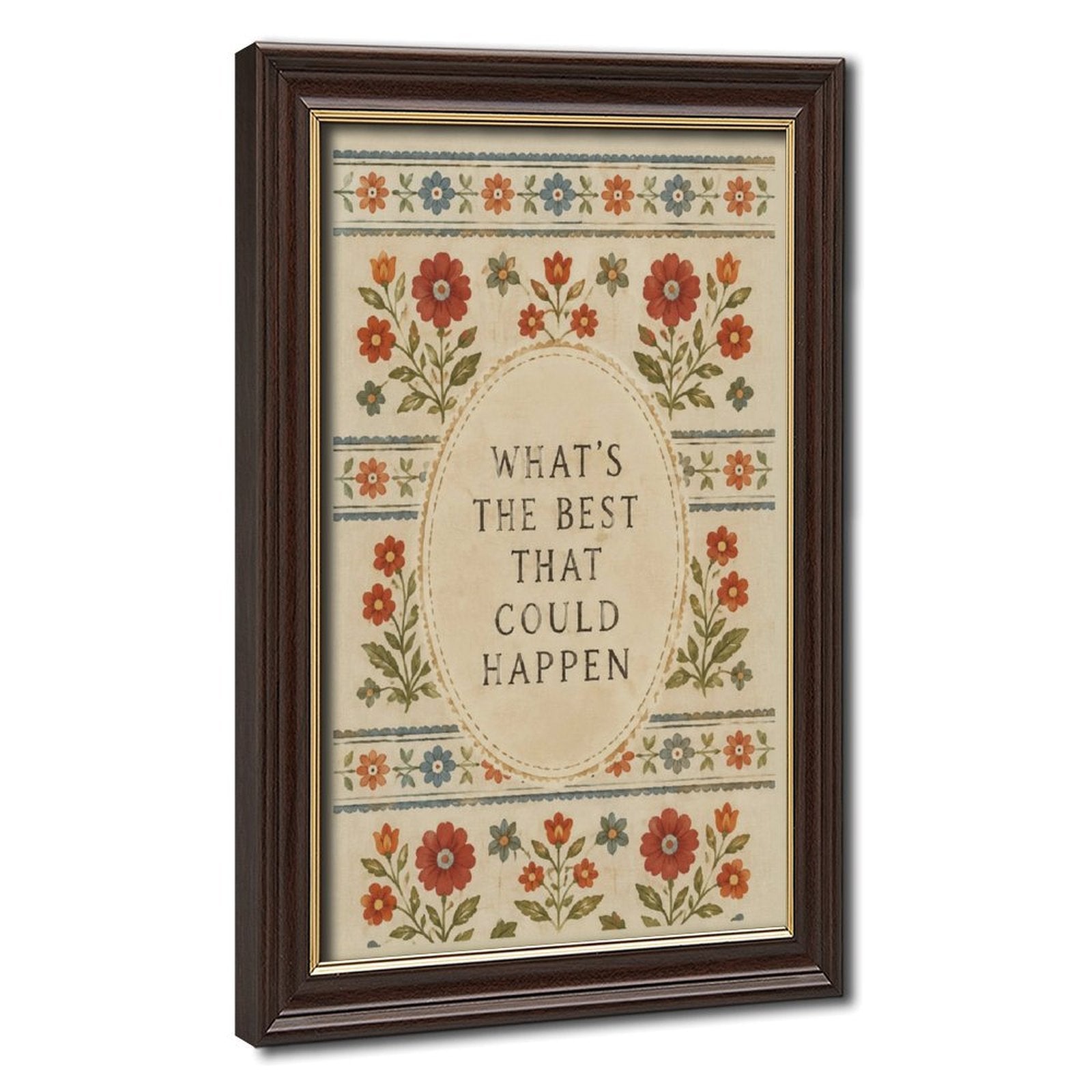 muted floral folk-art border around optimistic typography in rust, dusty blue, olive green tones — Wood Grain Gold Frame HERO