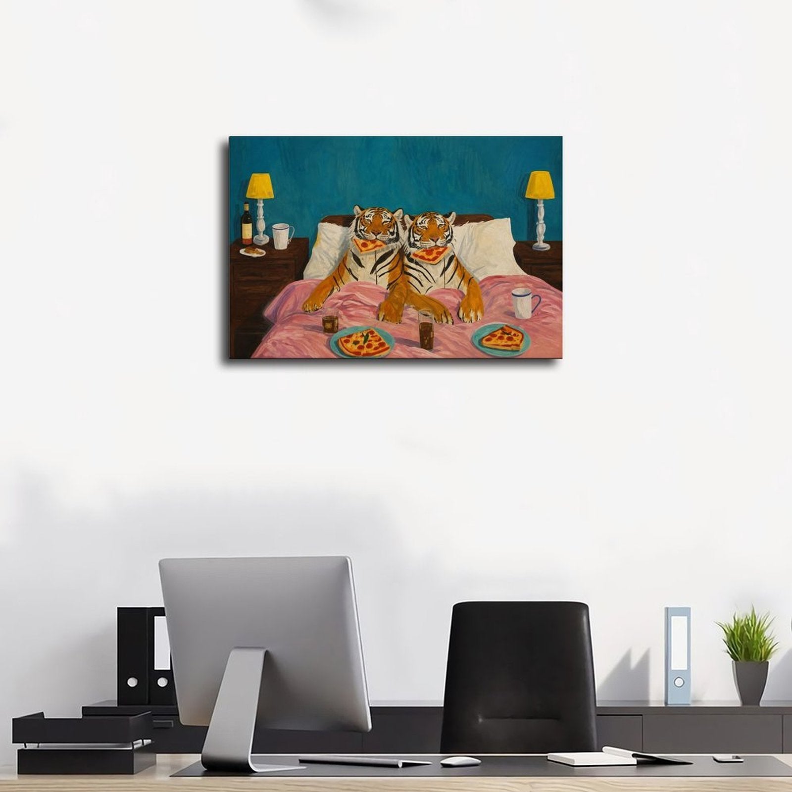 two tigers sitting in bed eating pizza in teal blue, orange, pink tones — Wrapped Canvas SCENE_01