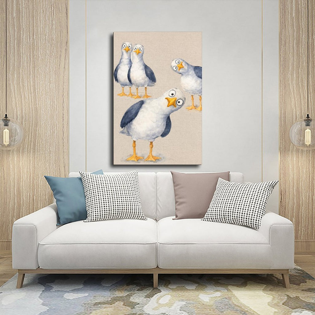 group of quirky seagulls with expressive poses in white, slate blue, yellow tones — Wrapped Canvas SCENE_03