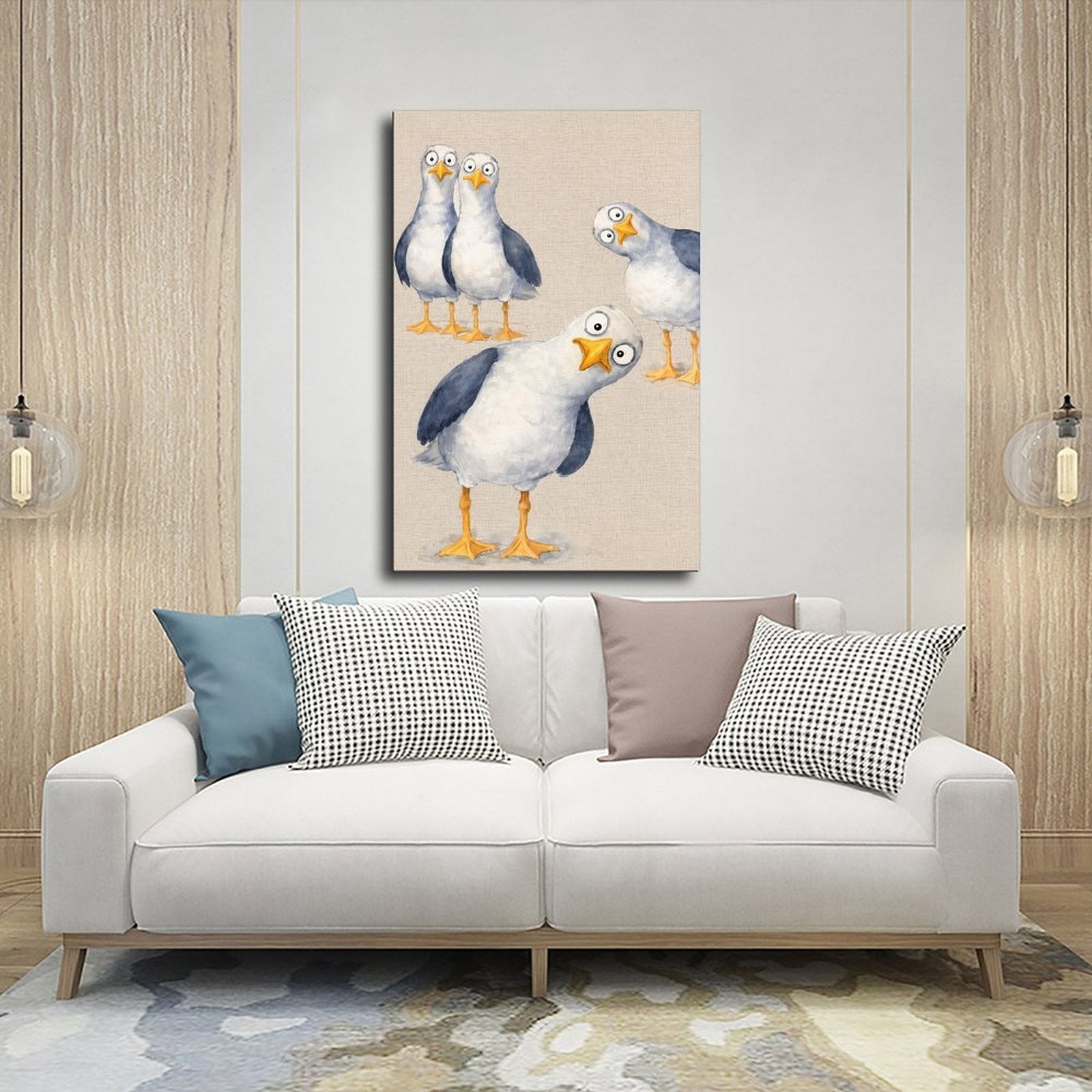 group of quirky seagulls with expressive poses in white, slate blue, yellow tones — Wrapped Canvas SCENE_03