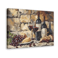 wine bottles, glasses, grapes, cheese, and bread in painterly still life style — Wrapped Canvas HERO