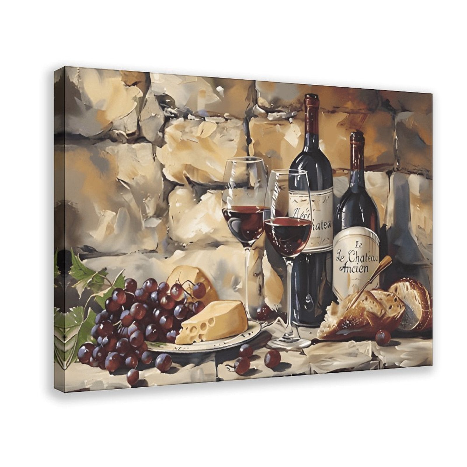 wine bottles, glasses, grapes, cheese, and bread in painterly still life style — Wrapped Canvas HERO