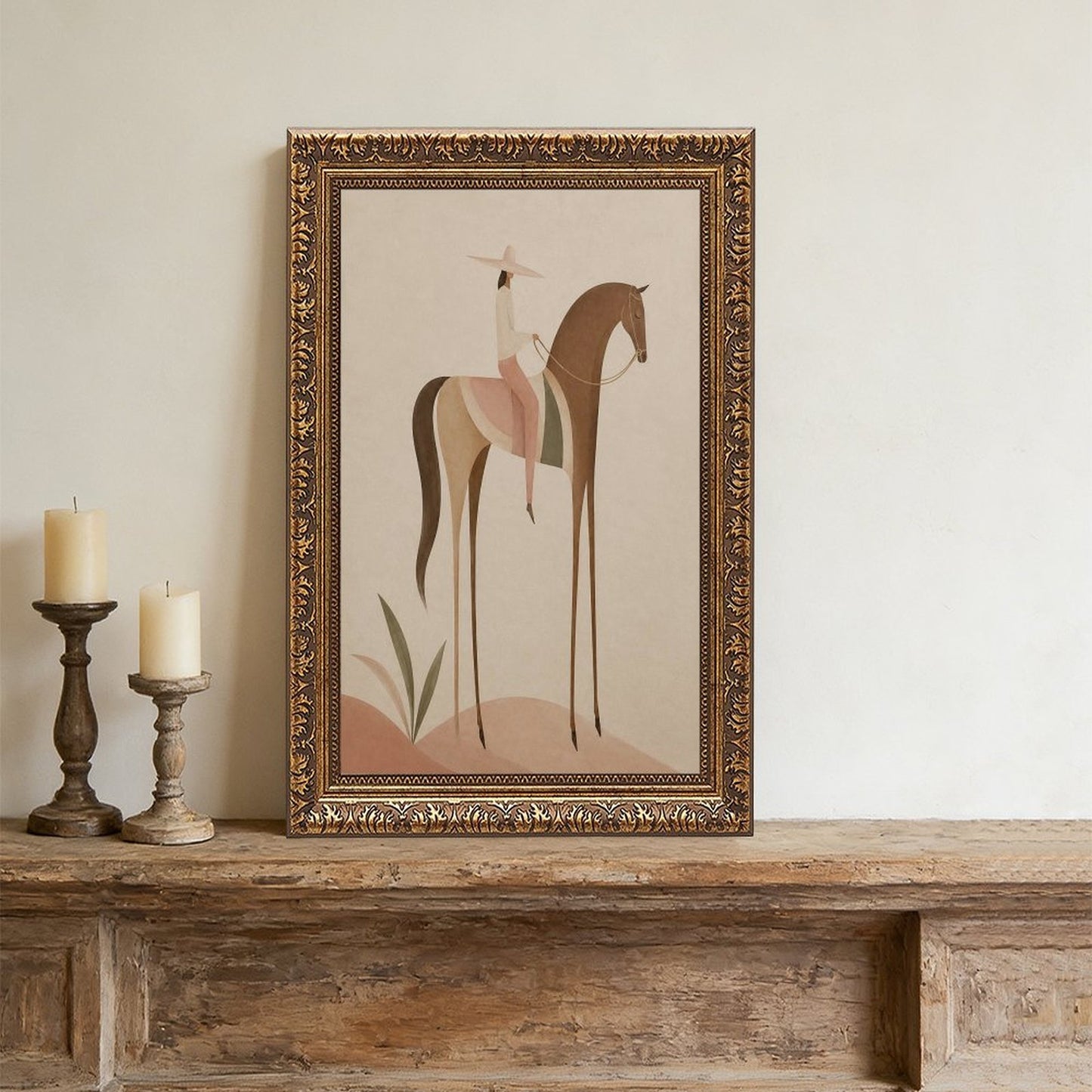Soft Blush Long Horse canvas wall art featuring a graceful long-limbed horse in soft blush pink, warm beige, muted cream tones, displayed in the Vintage Pattern Gold Frame style