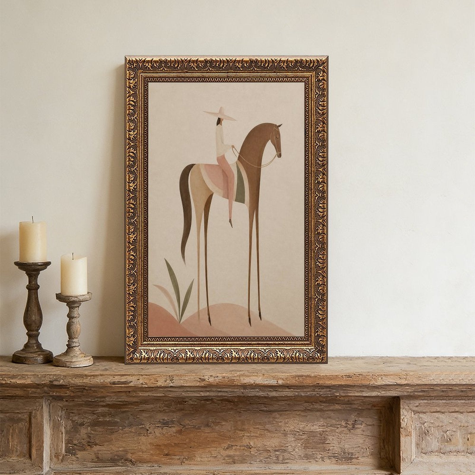 Soft Blush Long Horse canvas wall art featuring a graceful long-limbed horse in soft blush pink, warm beige, muted cream tones, displayed in the Vintage Pattern Gold Frame style