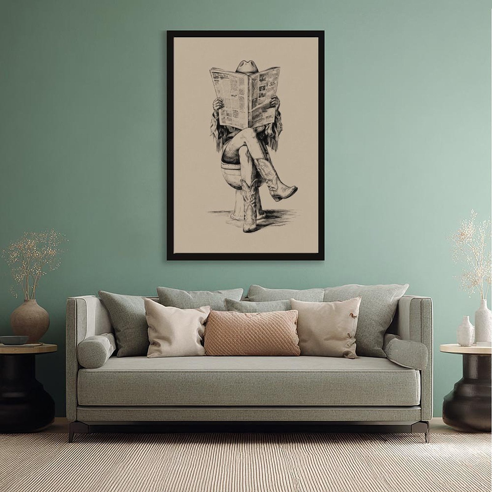 cowboy seated on a toilet reading a newspaper in black, warm cream tones — Black Frame SCENE_02