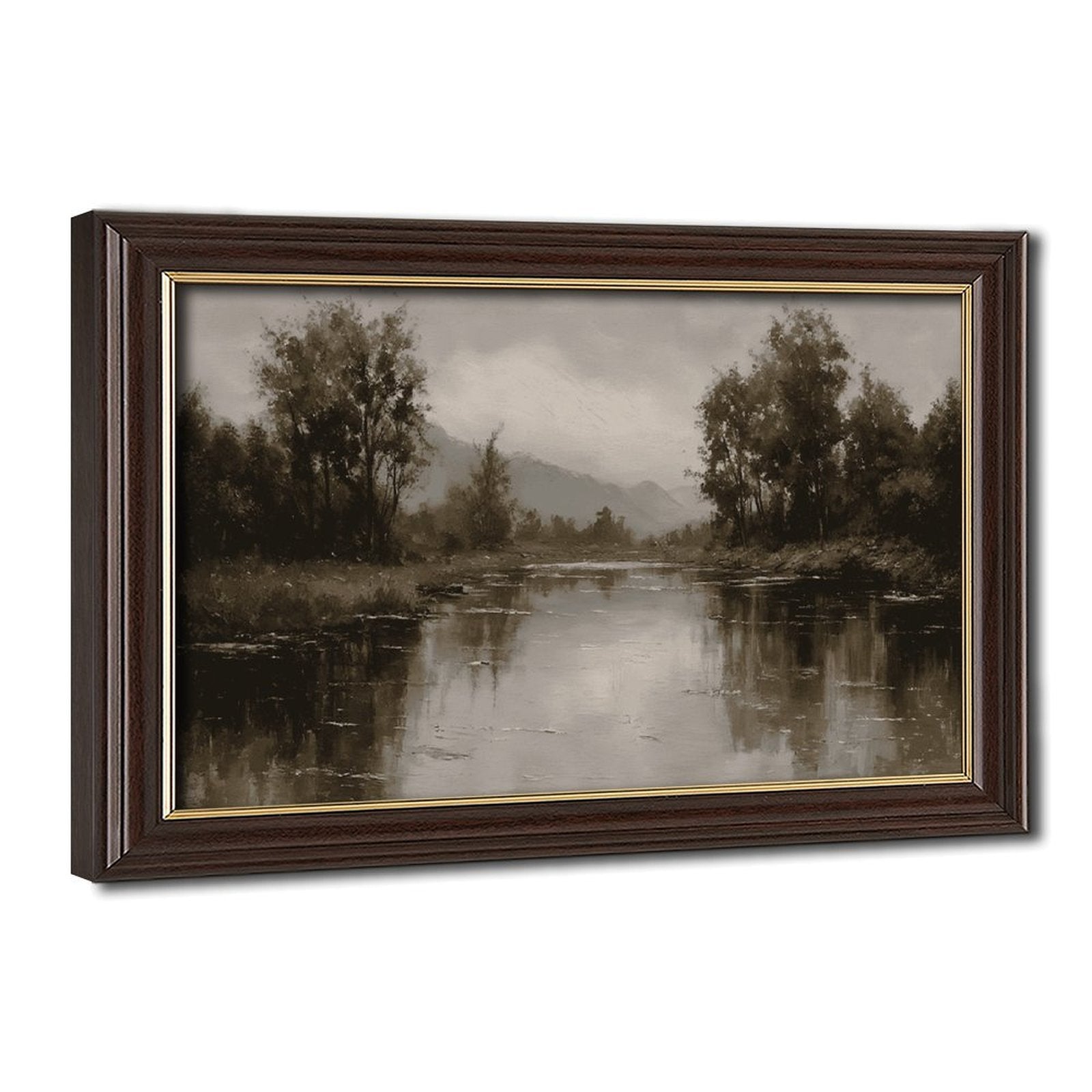 quiet river bend with tree-lined banks in landscape painting style — Wood Grain Gold Frame HERO