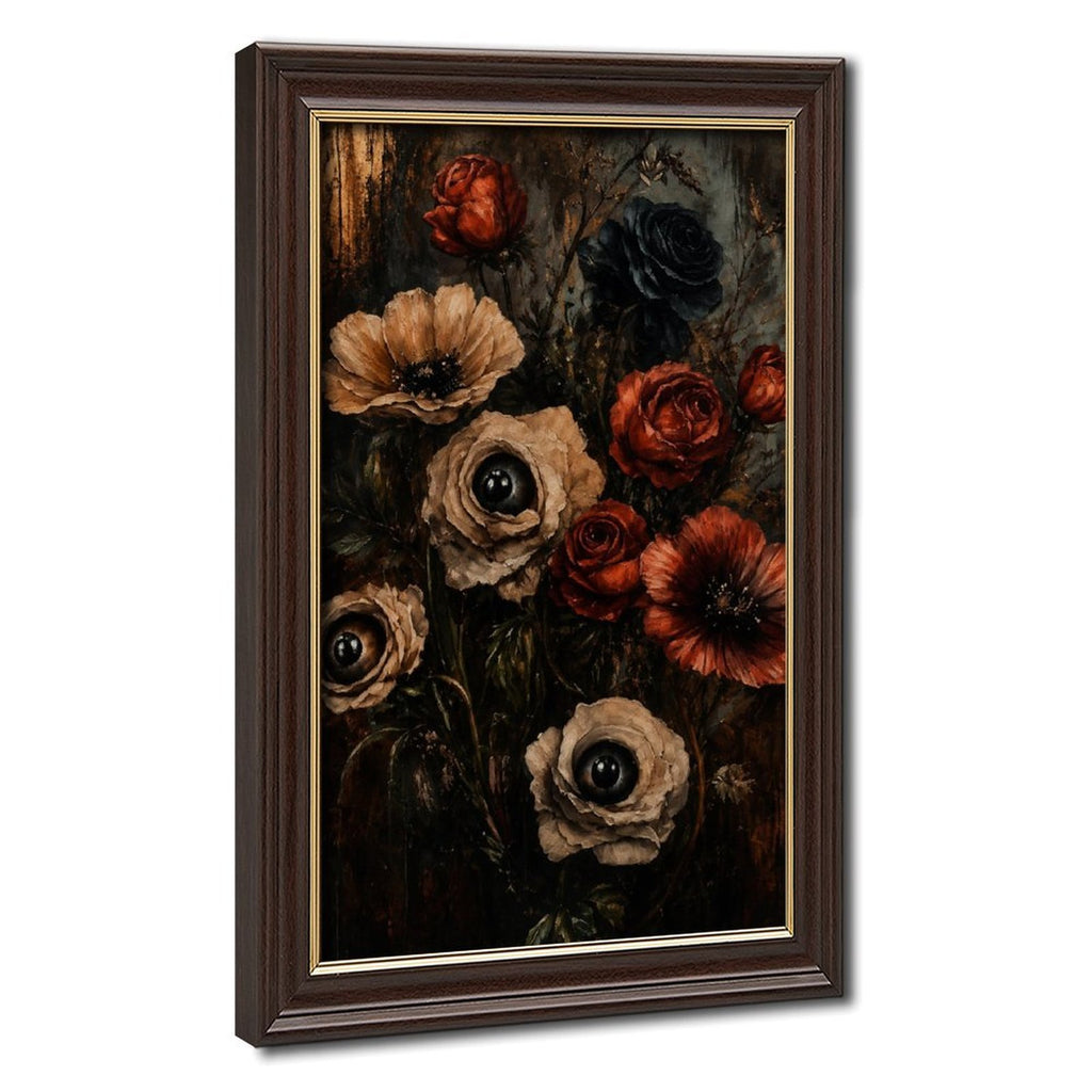 dark floral bouquet with realistic eyes in flower centers in black, deep red, taupe tones — Wood Grain Gold Frame HERO