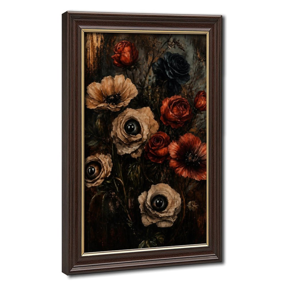 dark floral bouquet with realistic eyes in flower centers in black, deep red, taupe tones — Wood Grain Gold Frame HERO