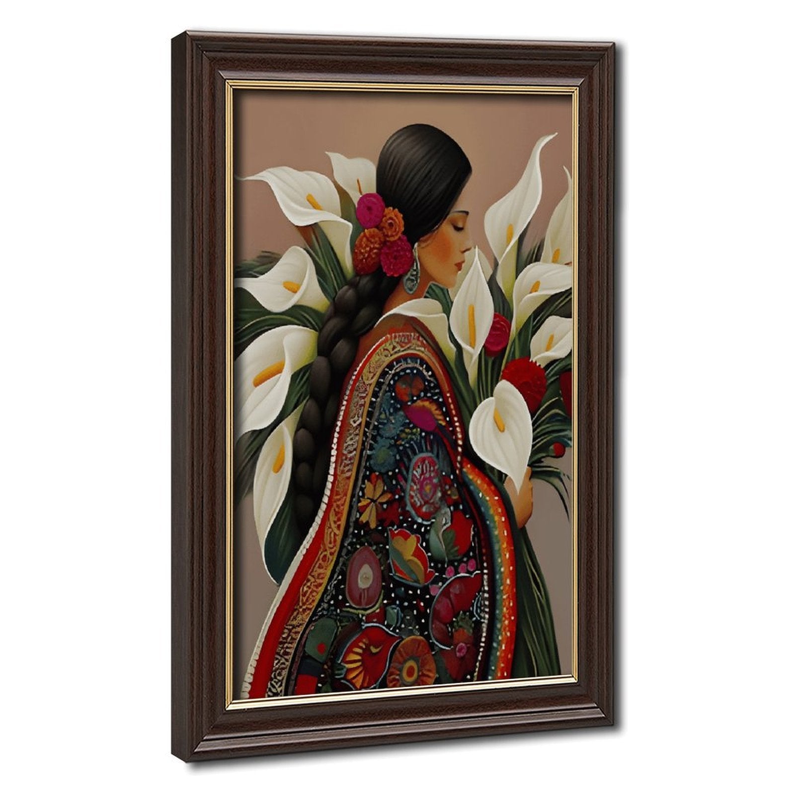 stylized woman surrounded by lilies and red flowers in decorative figurative art style — Wood Grain Gold Frame HERO