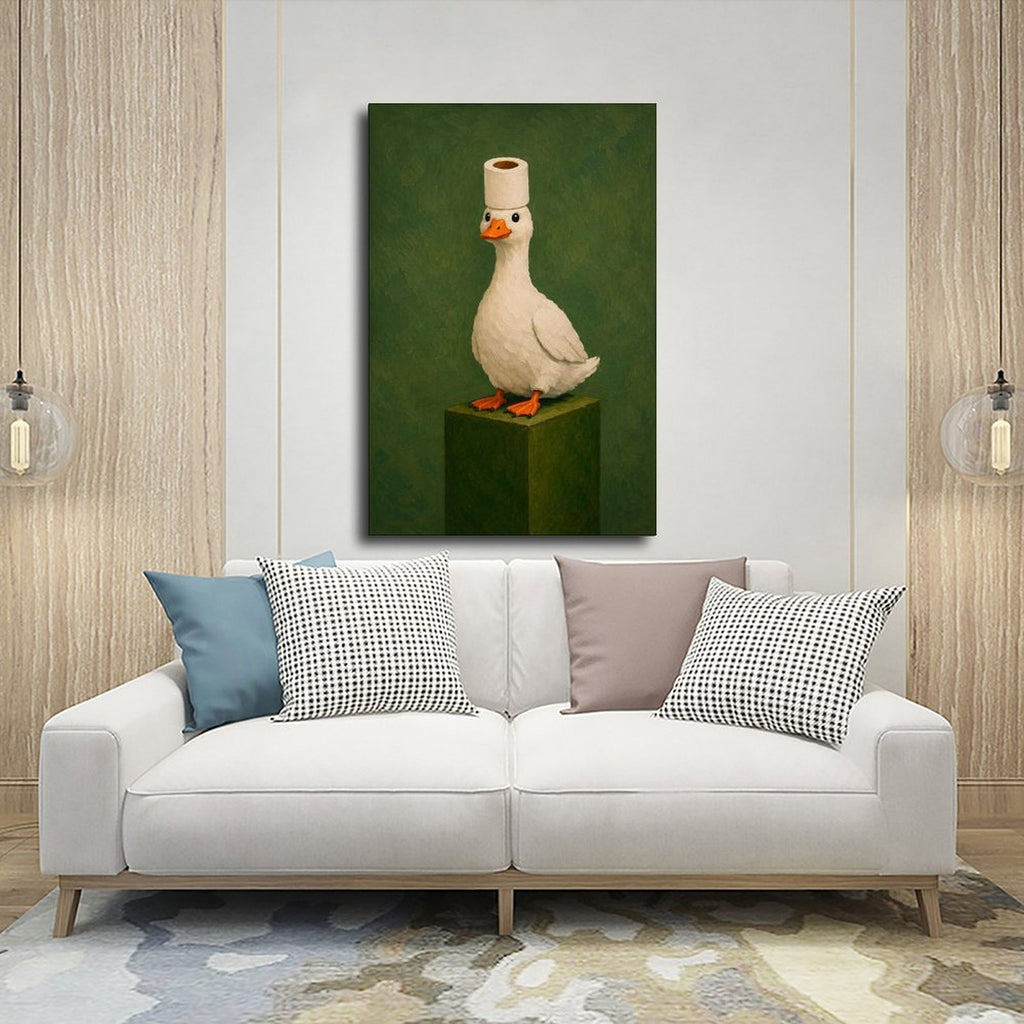 white goose wearing a toilet paper roll like a hat in olive green, white, orange tones — Wrapped Canvas SCENE_03