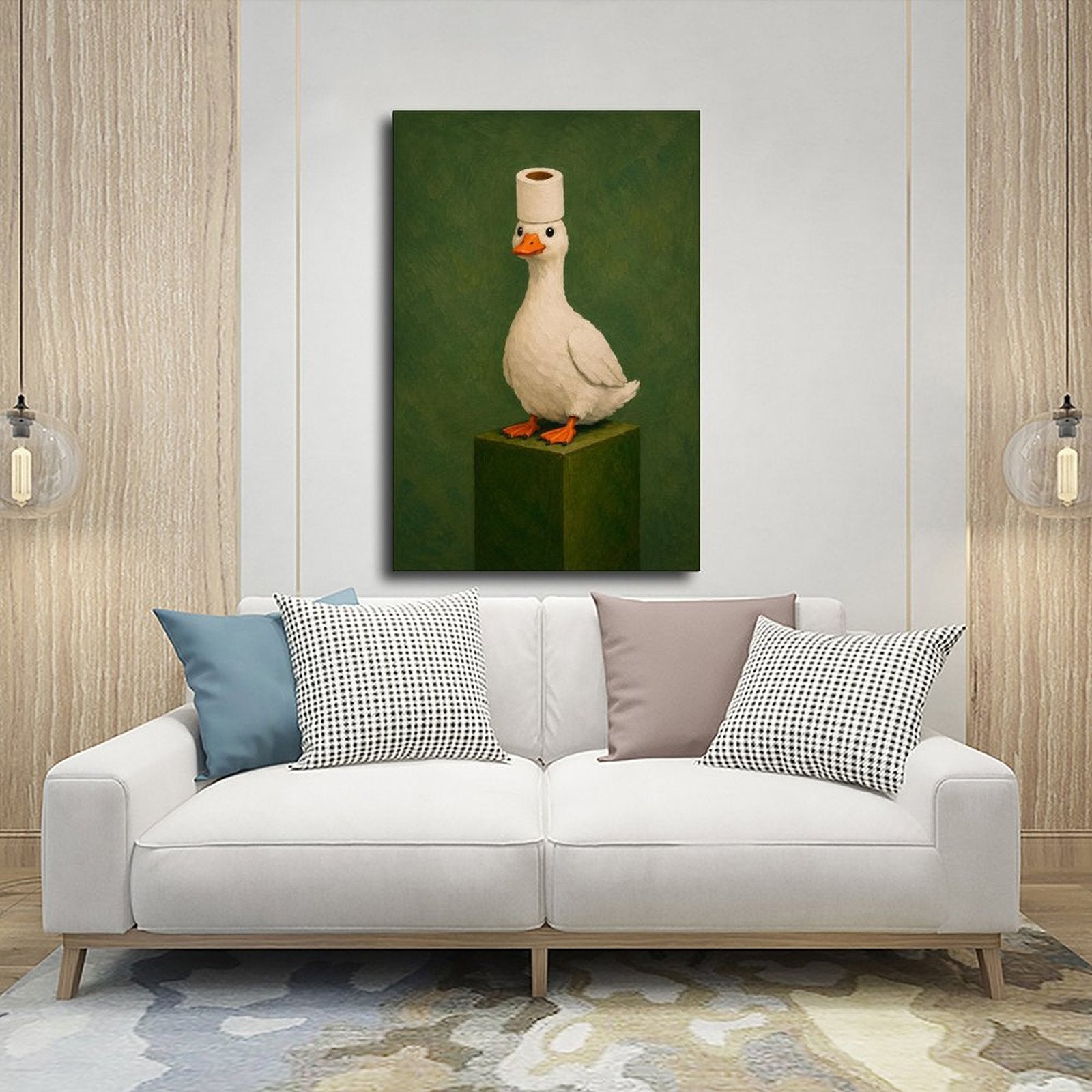 white goose wearing a toilet paper roll like a hat in olive green, white, orange tones — Wrapped Canvas SCENE_03