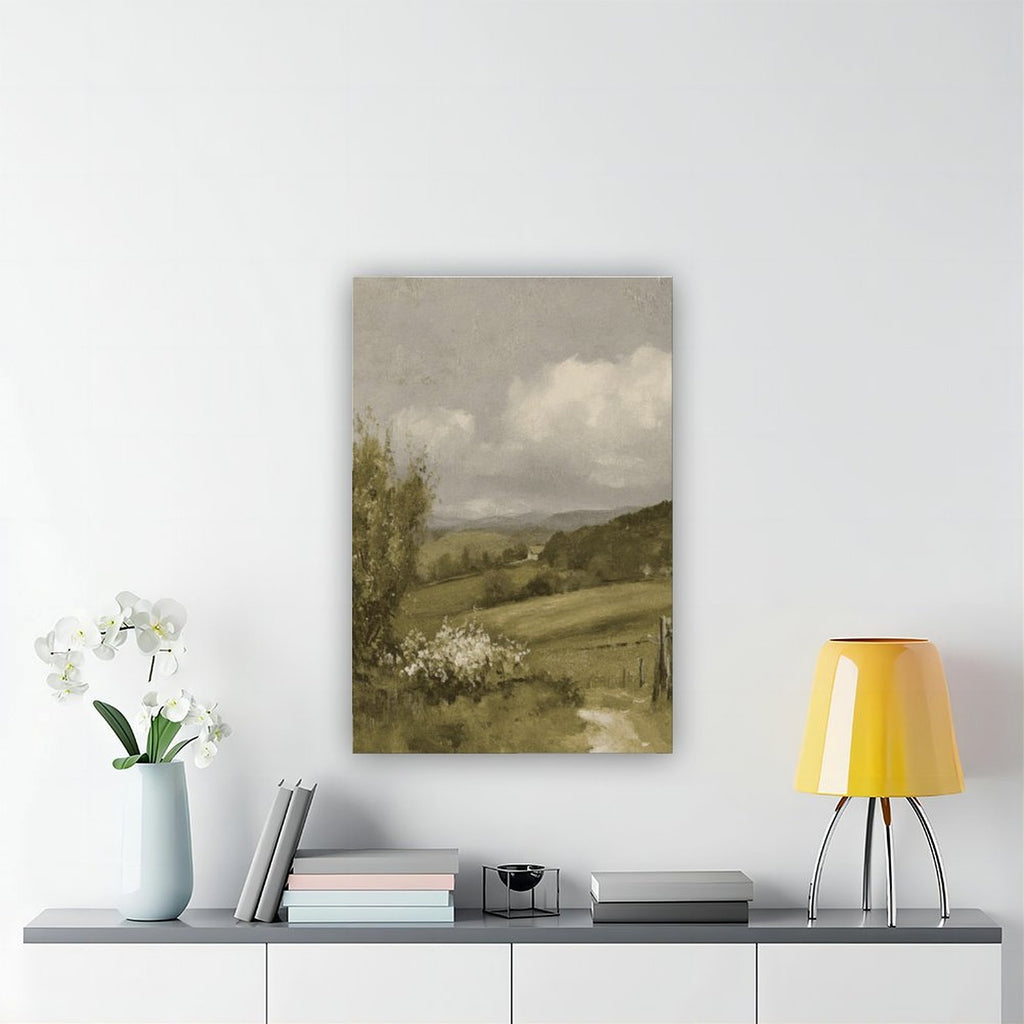 misty countryside valley with a small house and winding path in landscape painting style — Wrapped Canvas SCENE_04