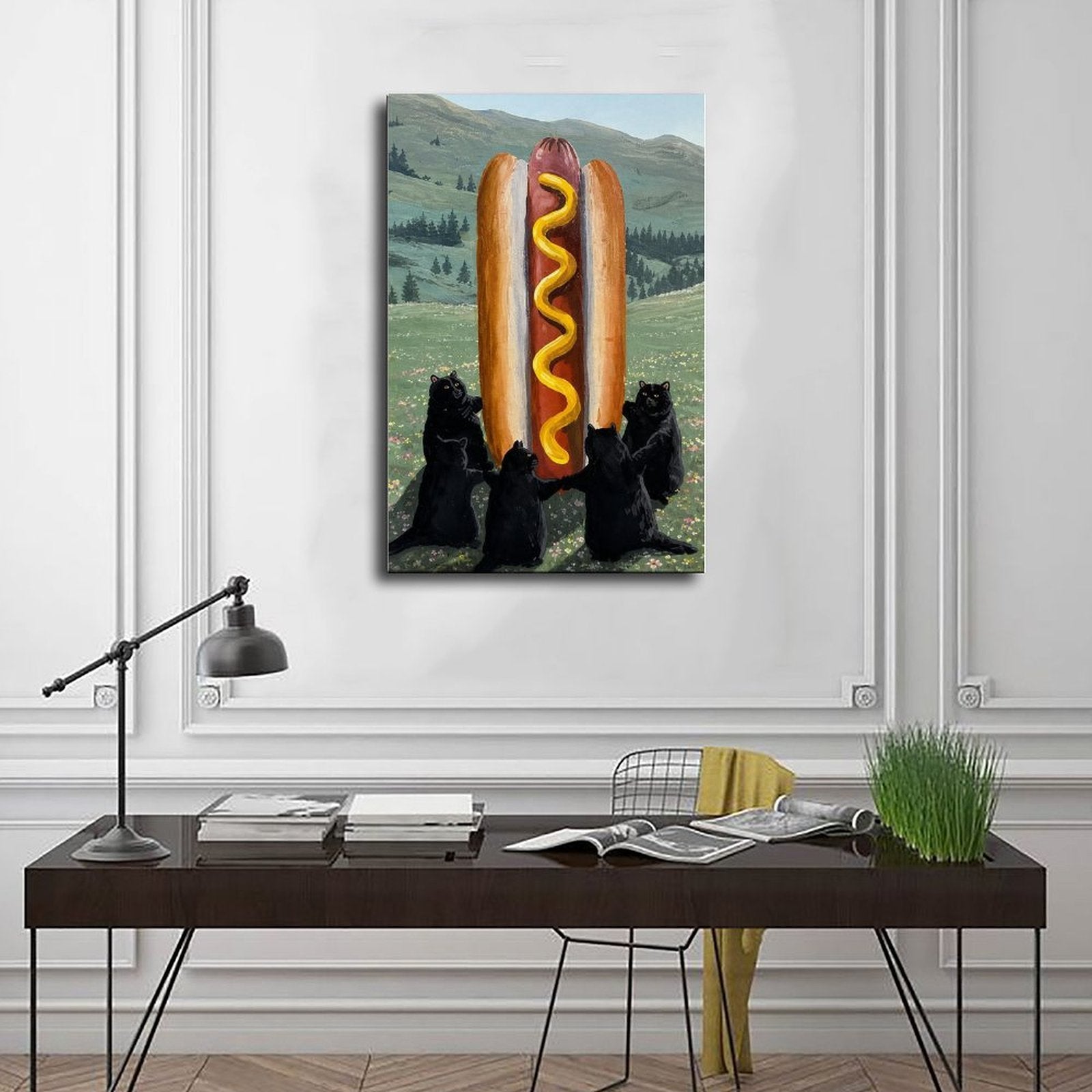 three black bears presenting a giant hot dog in a mountain meadow in green, black, red tones — Wrapped Canvas SCENE_01