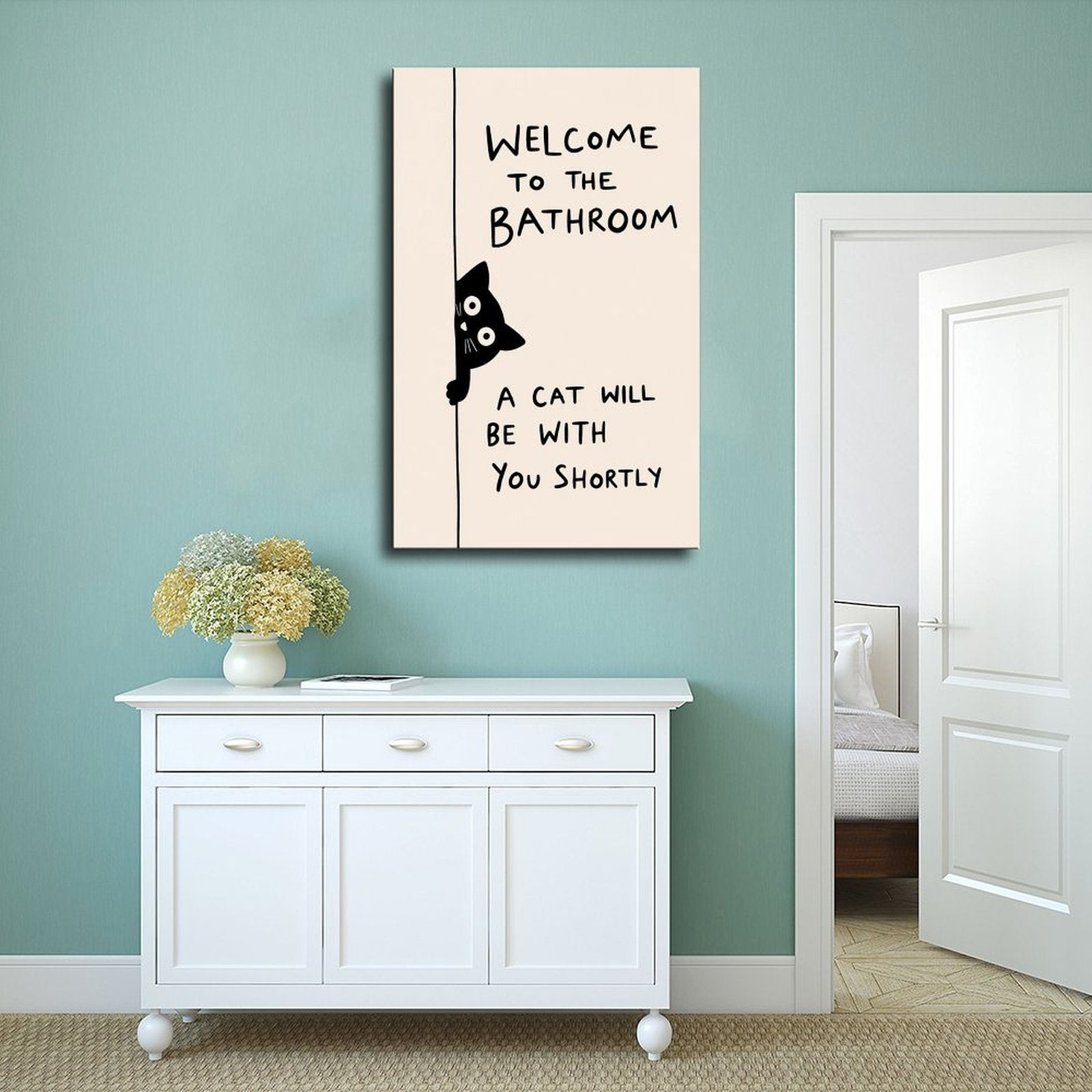 black cat peeking beside bathroom typography in black, cream tones — Wrapped Canvas SCENE_02