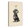 dachshund balancing a cocktail glass on its head in black, warm cream tones — Wrapped Canvas HERO