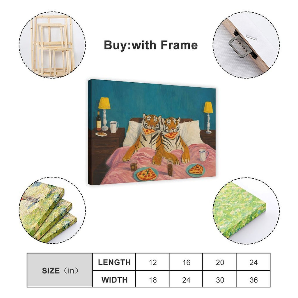 two tigers sitting in bed eating pizza in teal blue, orange, pink tones — Wrapped Canvas SIZE_GUIDE