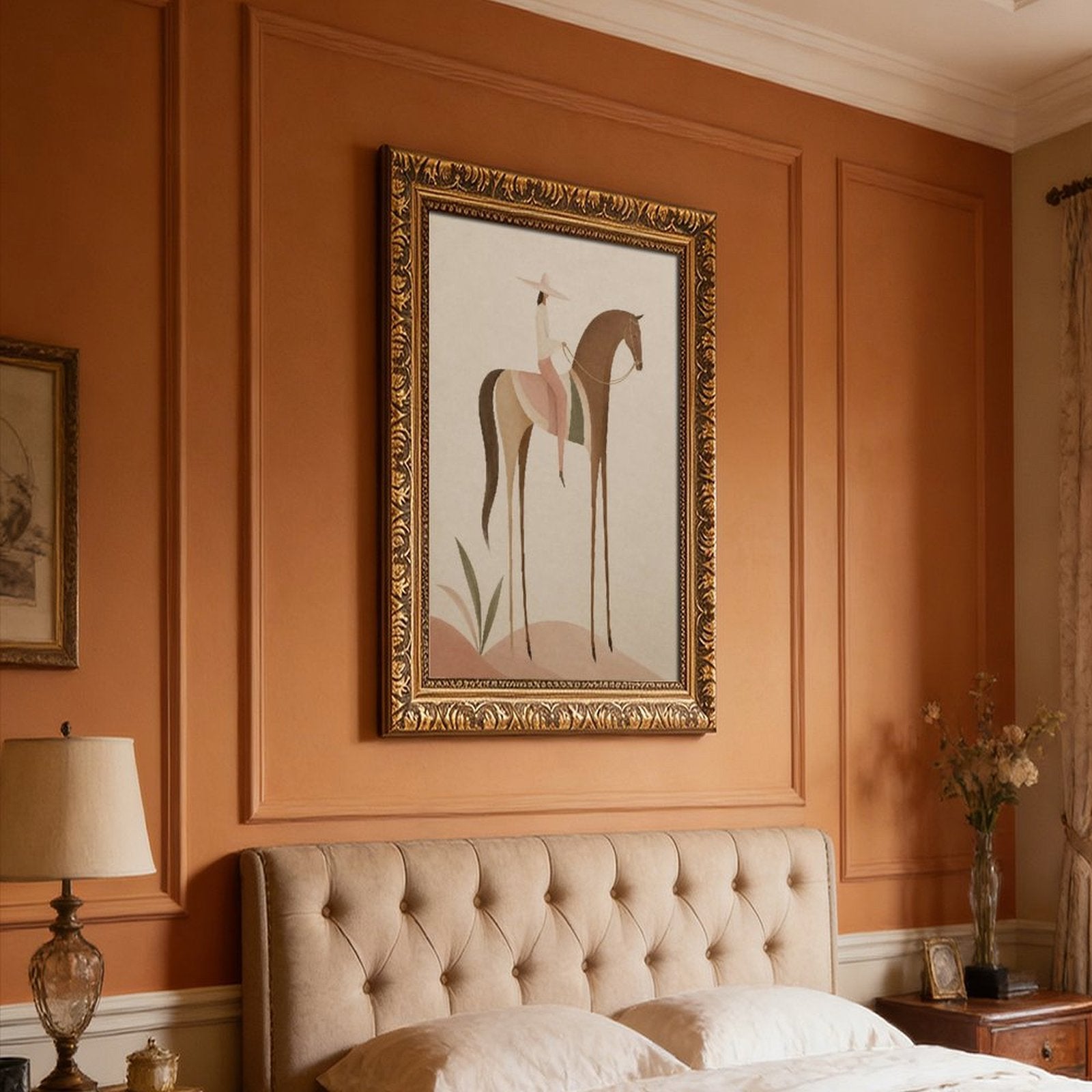 Soft Blush Long Horse canvas wall art featuring a graceful long-limbed horse in soft blush pink, warm beige, muted cream tones, displayed in the Vintage Pattern Gold Frame style