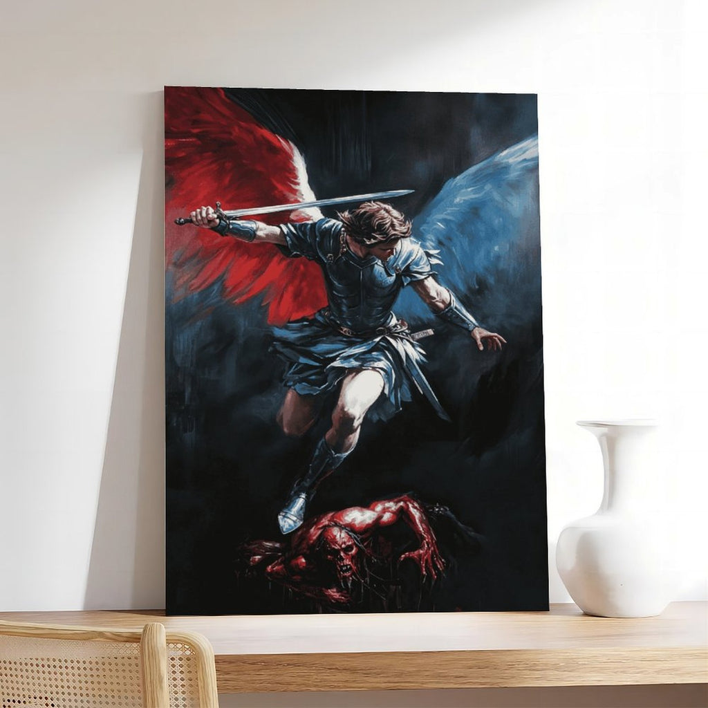 winged archangel warrior battling a red dragon in religious fantasy art style — Wrapped Canvas SCENE_05