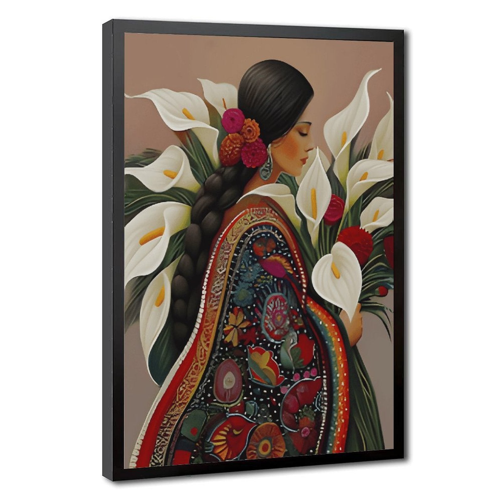 stylized woman surrounded by lilies and red flowers in decorative figurative art style — Black Frame HERO