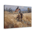 cowboy rider on horseback carrying an American flag in western landscape art style — Wrapped Canvas HERO