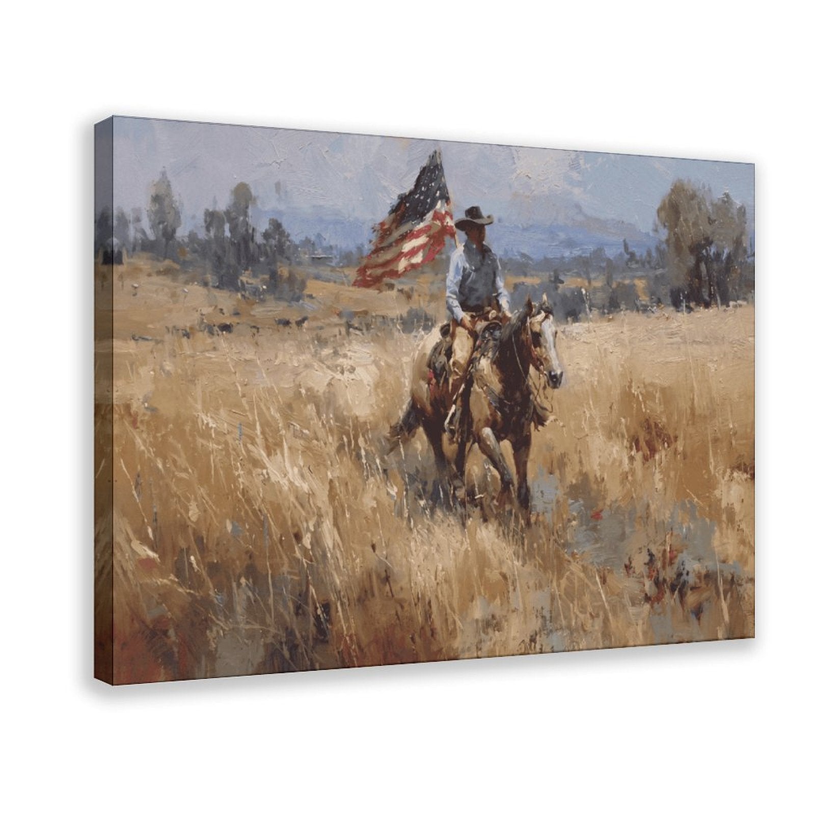 cowboy rider on horseback carrying an American flag in western landscape art style — Wrapped Canvas HERO