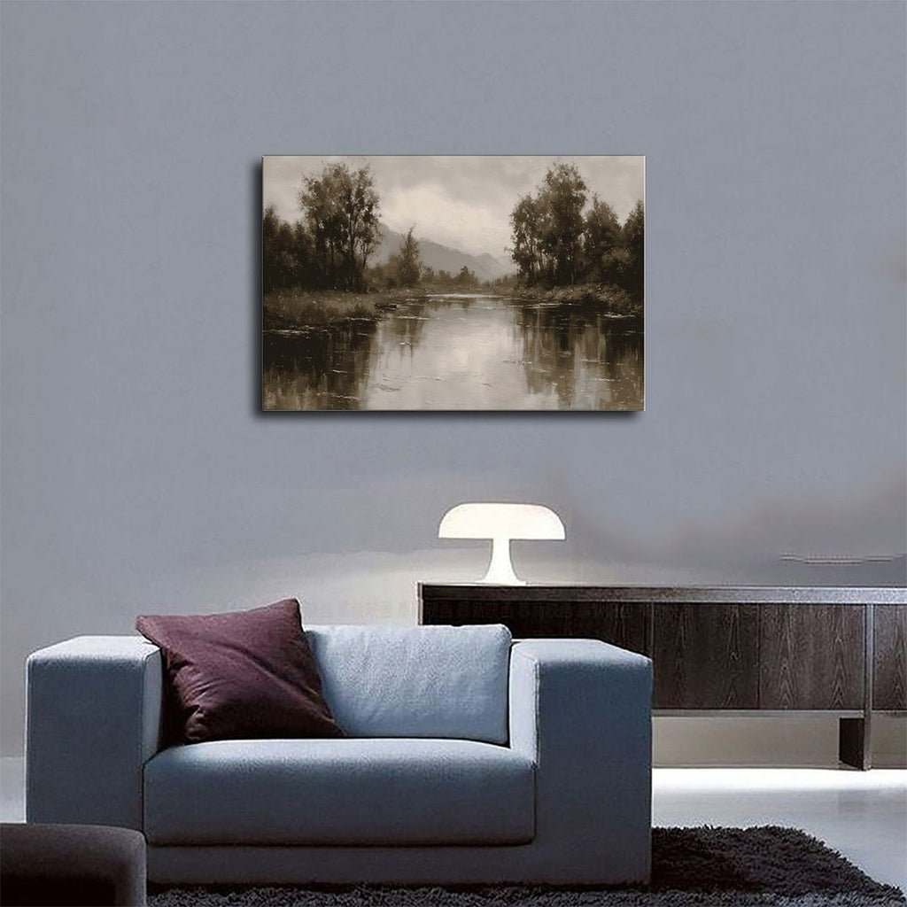 quiet river bend with tree-lined banks in landscape painting style — Wrapped Canvas SCENE_03