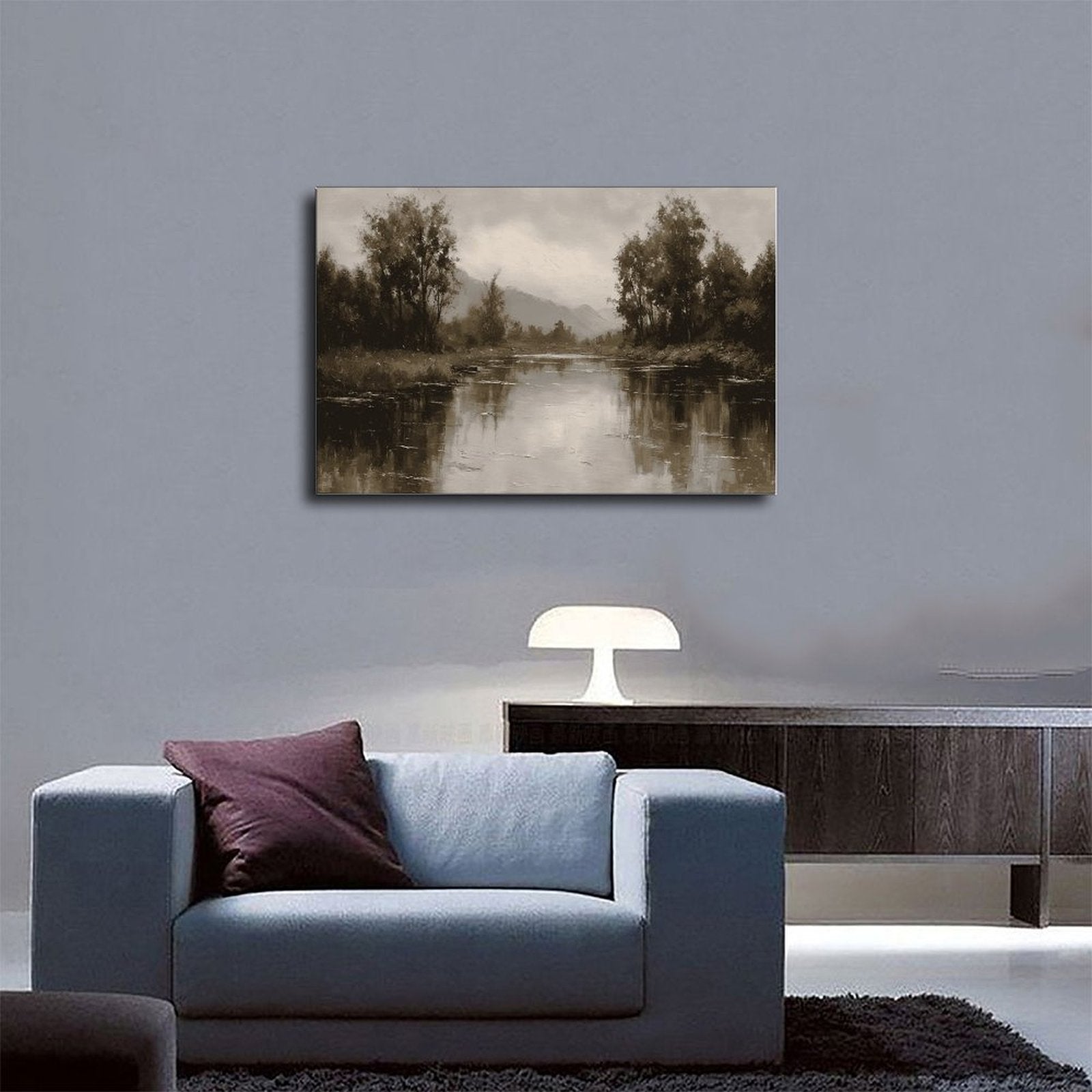 quiet river bend with tree-lined banks in landscape painting style — Wrapped Canvas SCENE_03