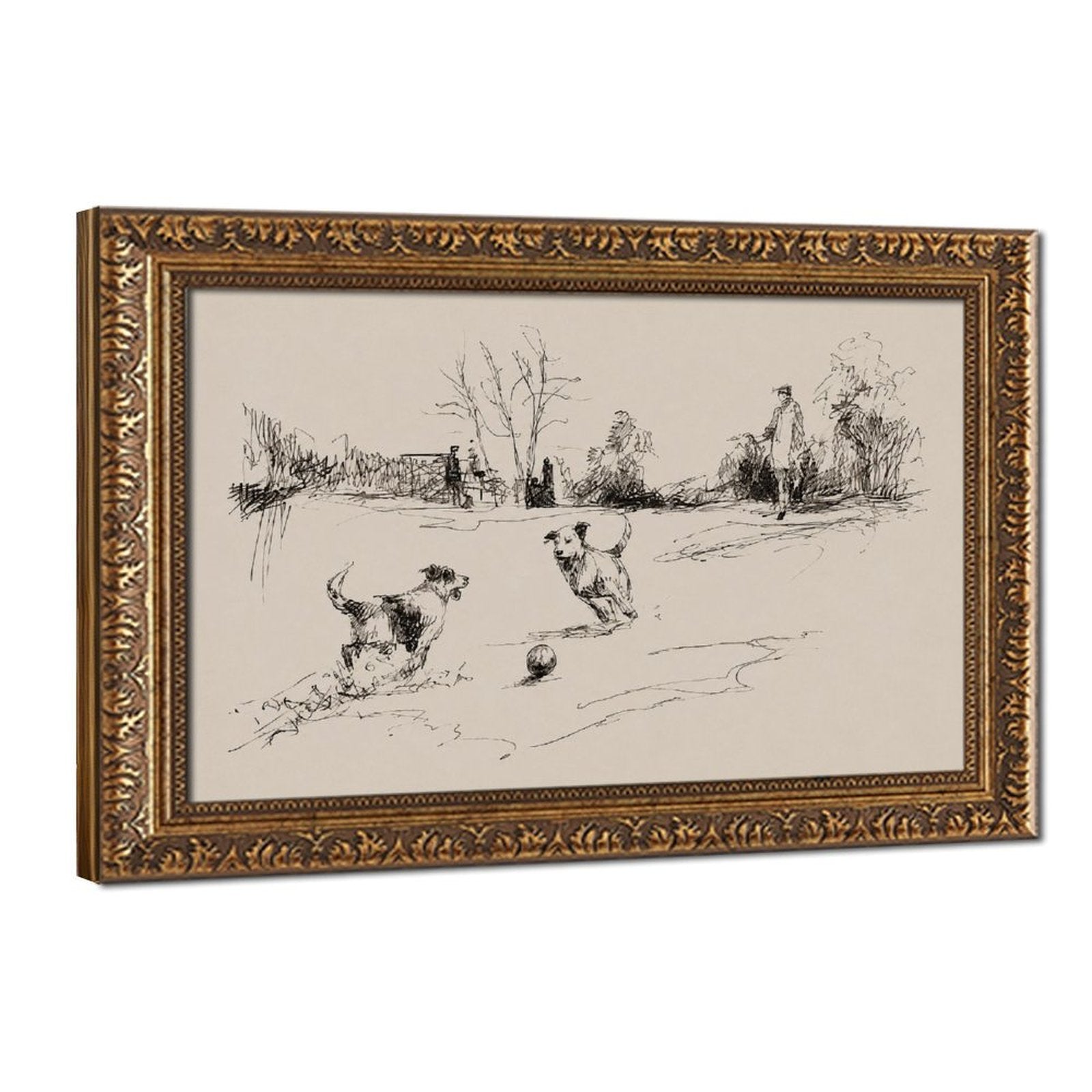 two dogs playing with a ball in black, warm cream tones — Vintage Gold Frame HERO