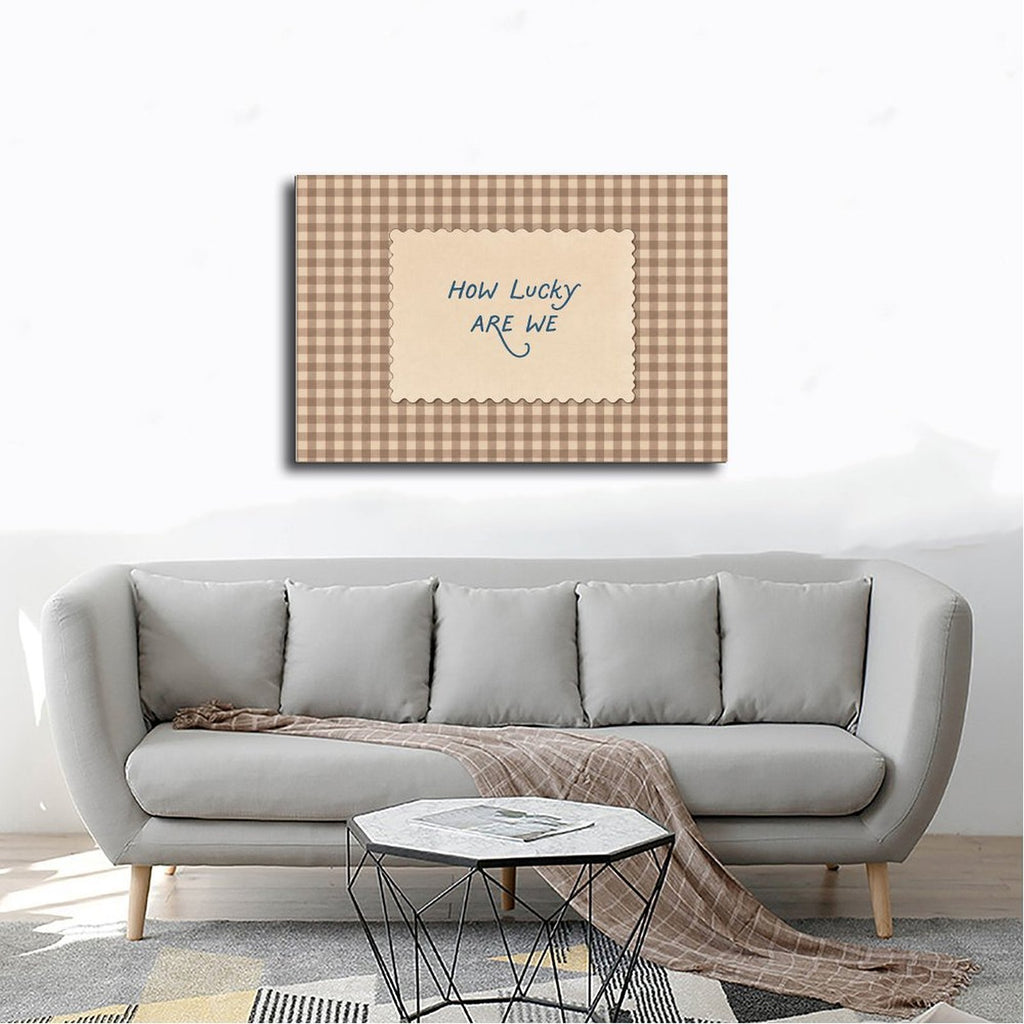 blue handwritten gratitude quote on brown gingham in taupe, cream, blue tones — Wrapped Canvas SCENE_02