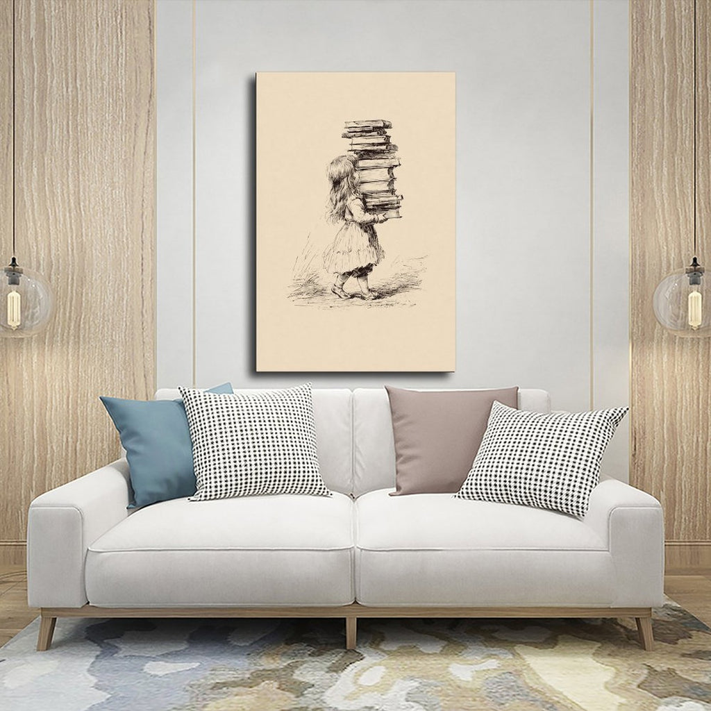 small figure carrying a tall stack of books in black, warm cream tones — Wrapped Canvas SCENE_03