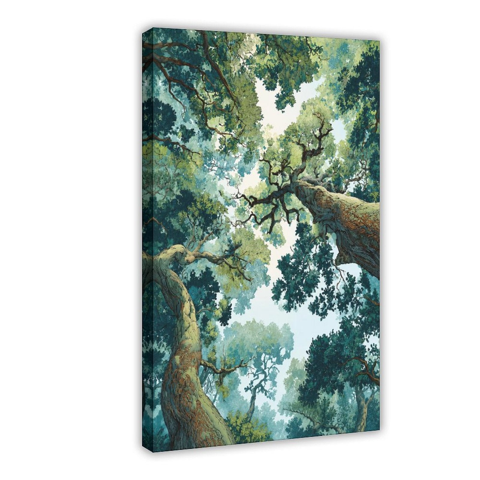 towering forest canopy viewed upward between large trees in deep green, teal, cream tones — Wrapped Canvas HERO