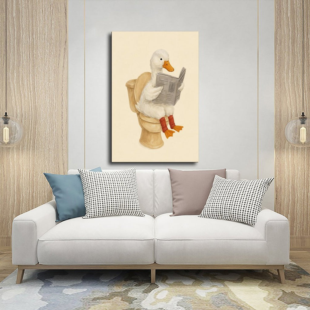 white duck sitting on a toilet reading a newspaper in cream, white, tan tones — Wrapped Canvas SCENE_03