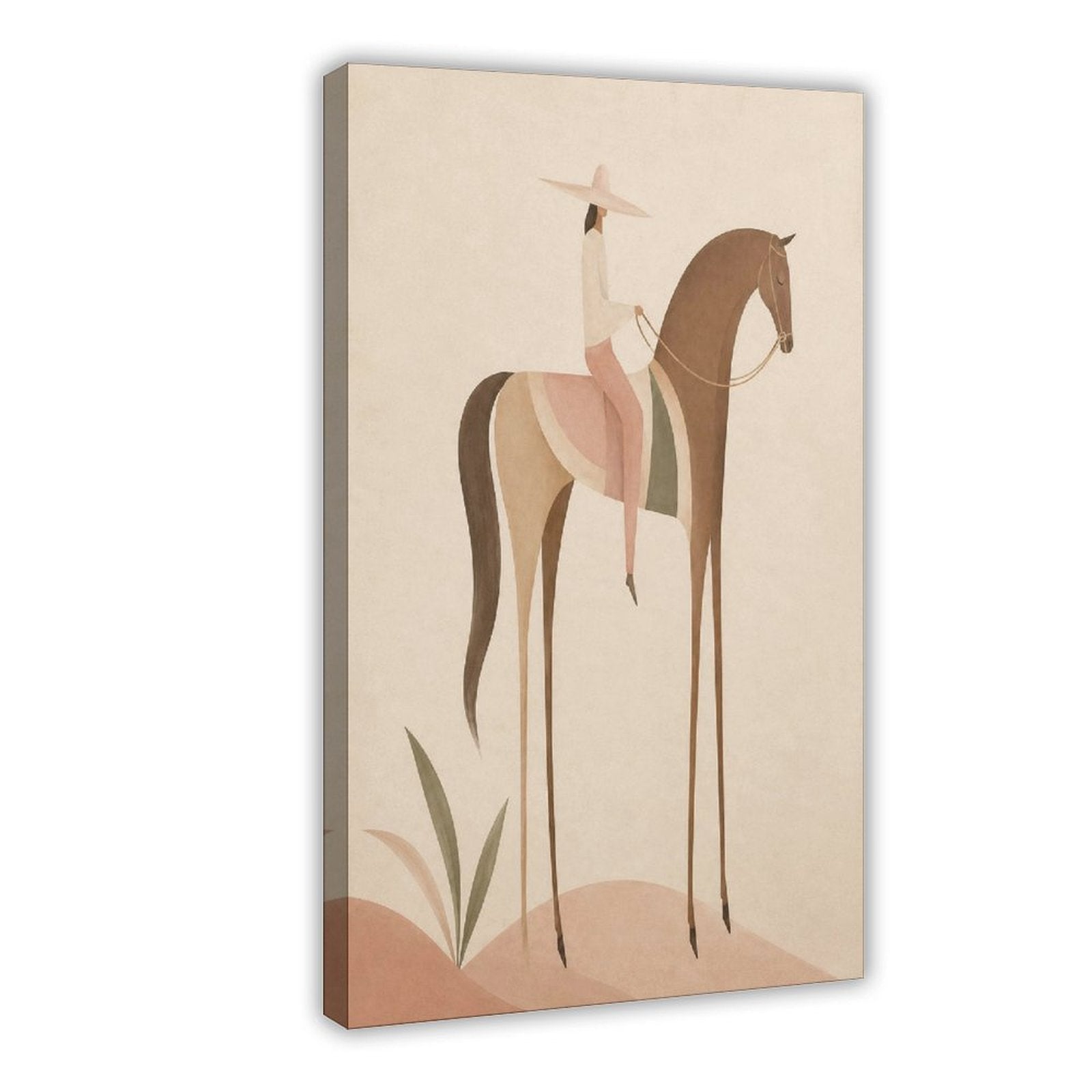 Soft Blush Long Horse canvas wall art featuring a graceful long-limbed horse in soft blush pink, warm beige, muted cream tones, shown as wrapped canvas wall art