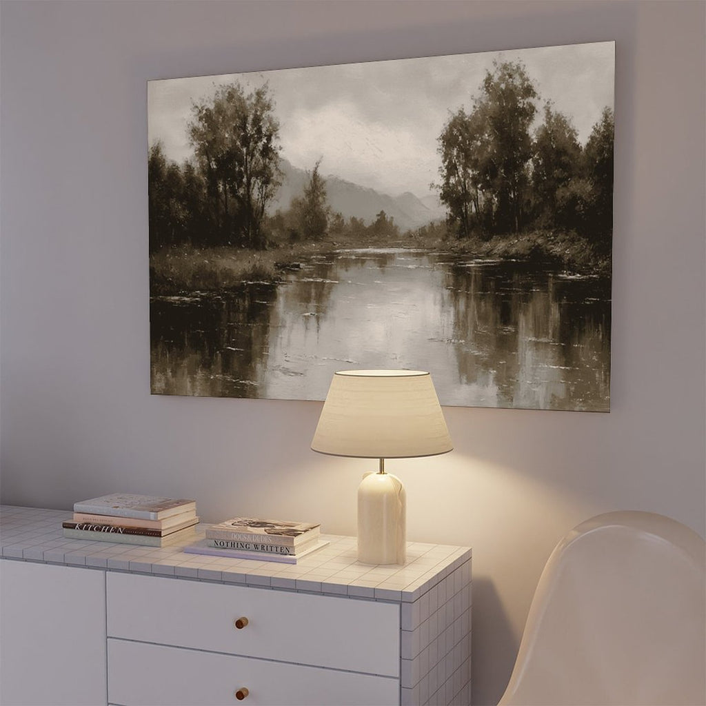 quiet river bend with tree-lined banks in landscape painting style — Wrapped Canvas SCENE_05