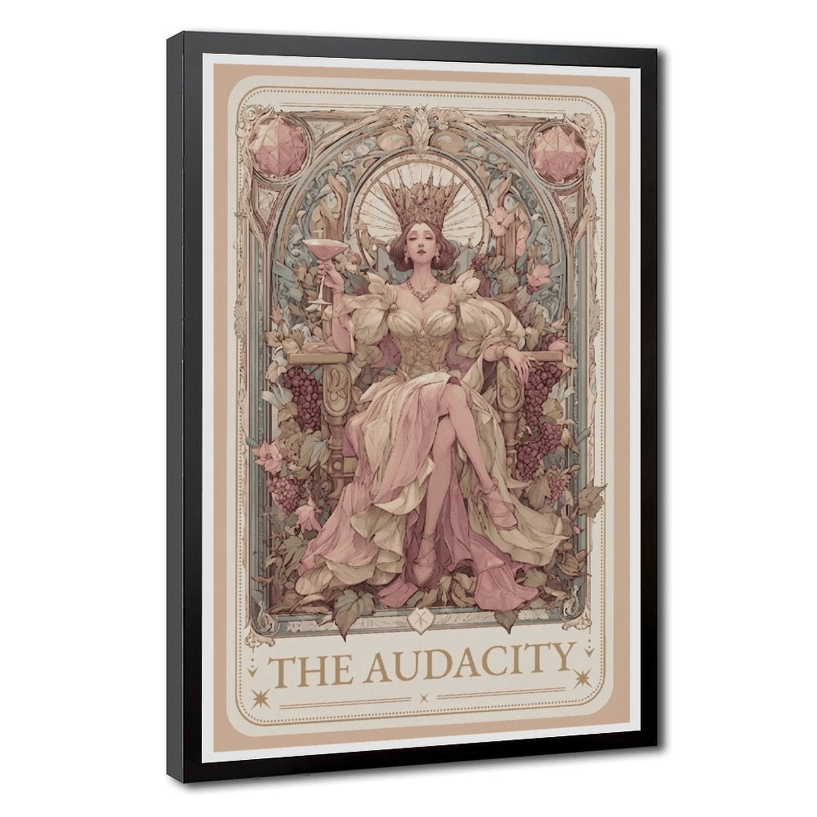ornate crowned woman seated on a throne in art nouveau-inspired illustration style — Black Frame HERO