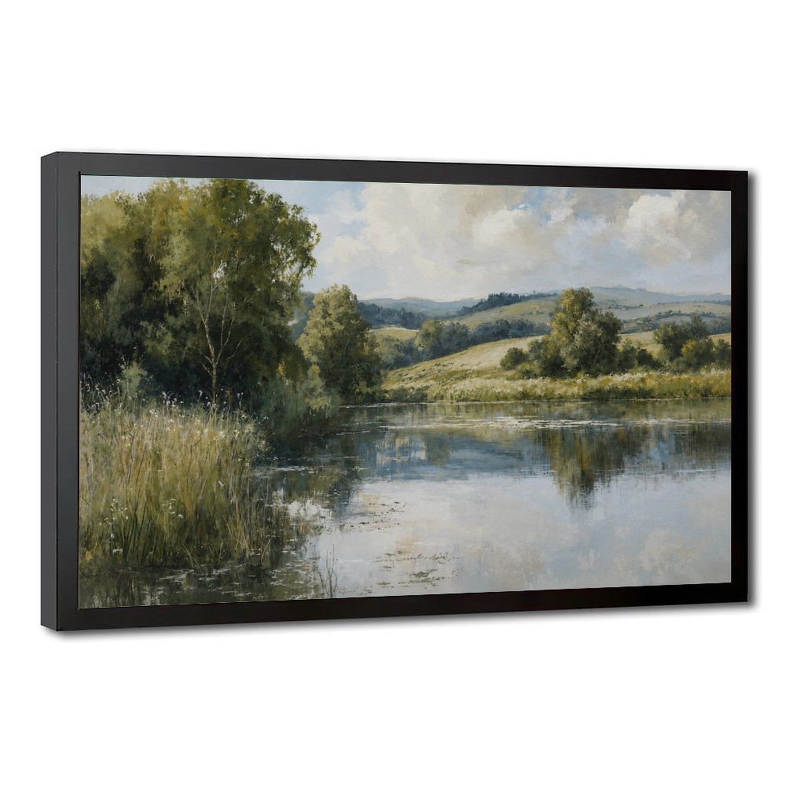 quiet river winding through a green countryside in sage green, blue gray, cream tones — Black Frame HERO