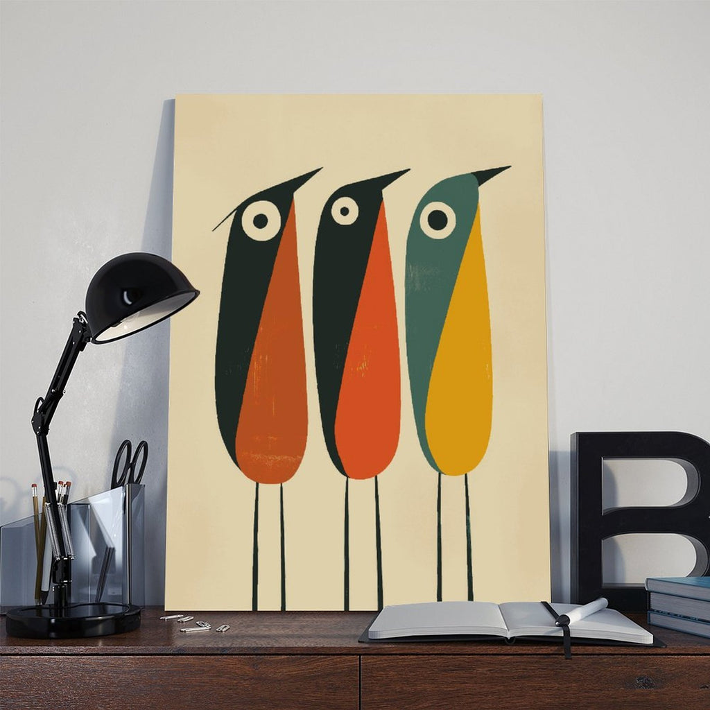 three stylized long-beaked birds in geometric illustration style — Wrapped Canvas SCENE_06