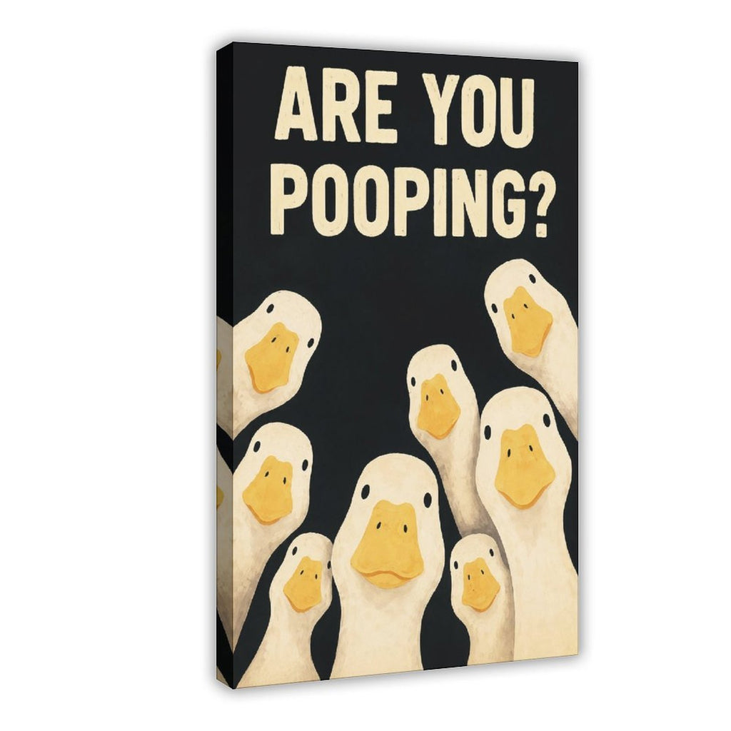 group of white ducks beneath bold bathroom typography in black, cream, yellow tones — Wrapped Canvas HERO