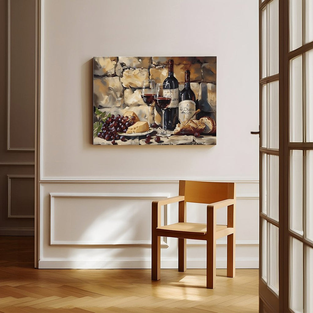 wine bottles, glasses, grapes, cheese, and bread in painterly still life style — Wrapped Canvas SCENE_06