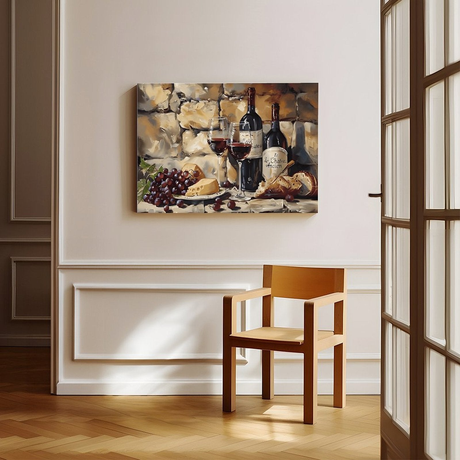 wine bottles, glasses, grapes, cheese, and bread in painterly still life style — Wrapped Canvas SCENE_06