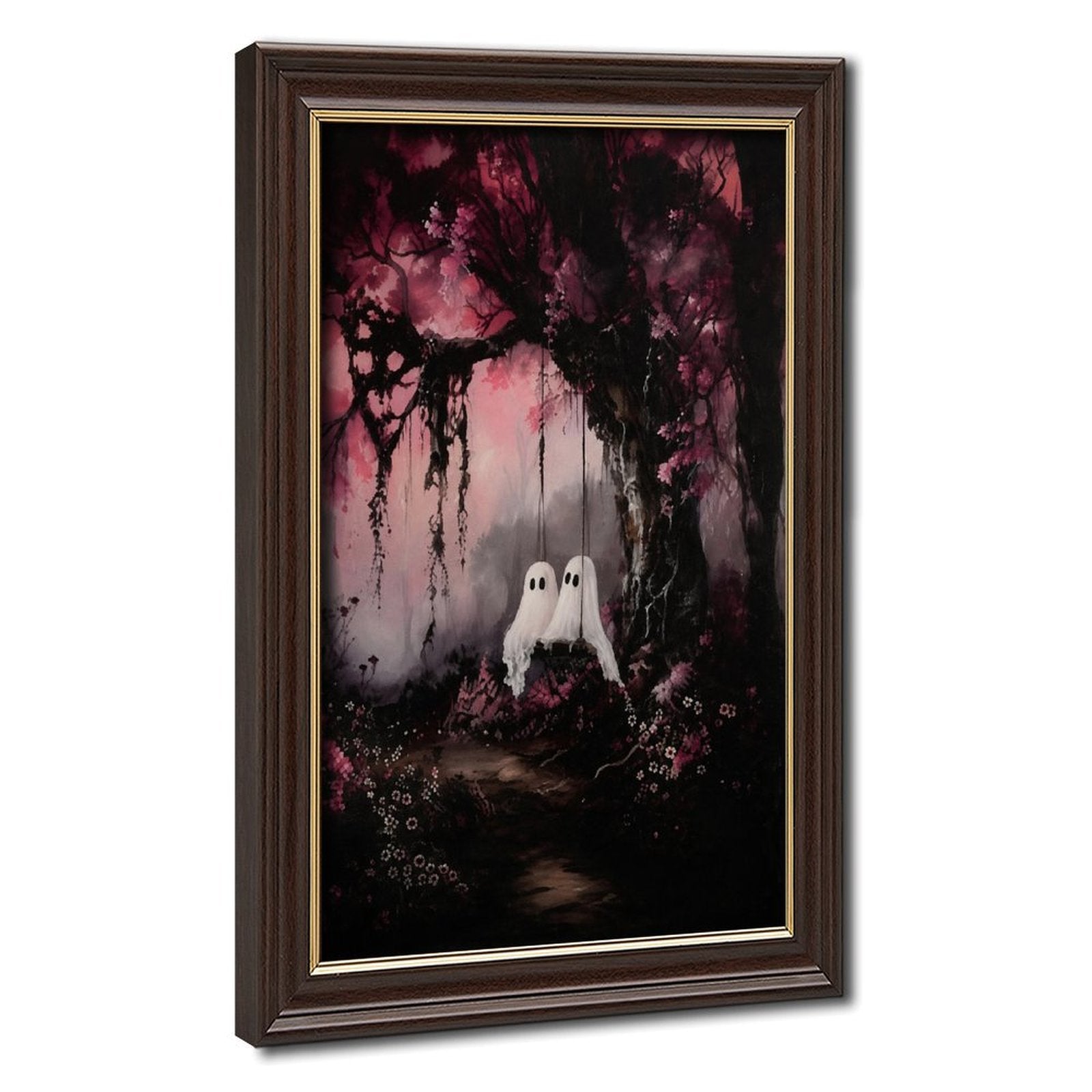two small sheet ghosts in an enchanted pink forest in magenta, black, soft pink tones — Wood Grain Gold Frame HERO