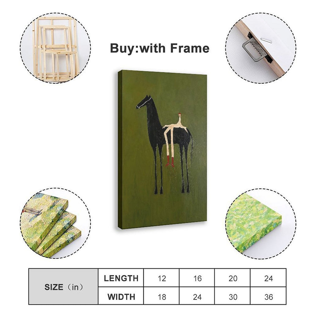 Stylized black horse with an elongated seated rider on an olive green background — Wrapped Canvas SIZE_GUIDE
