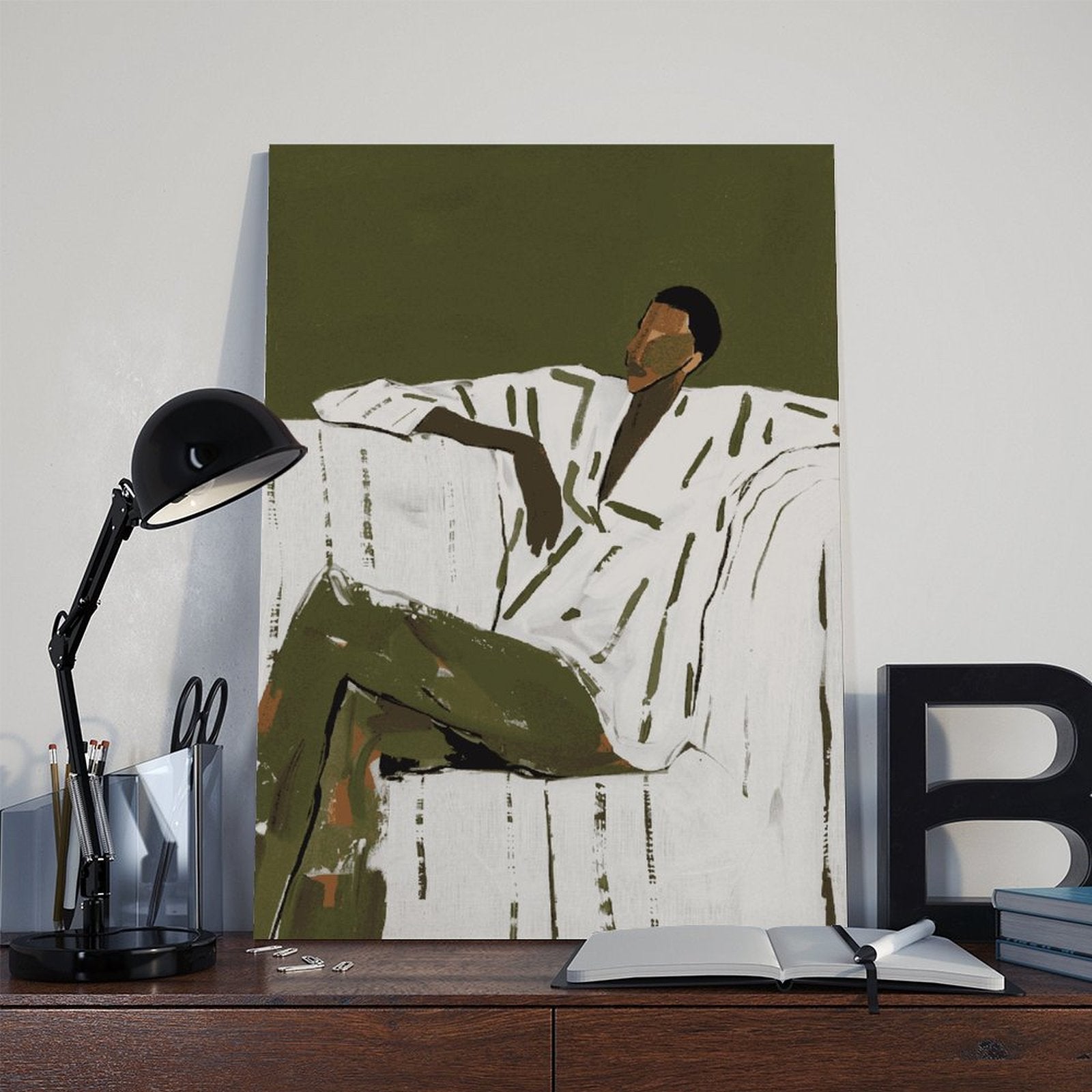 seated man in a white shirt and olive trousers in minimalist figurative art style — Wrapped Canvas SCENE_06