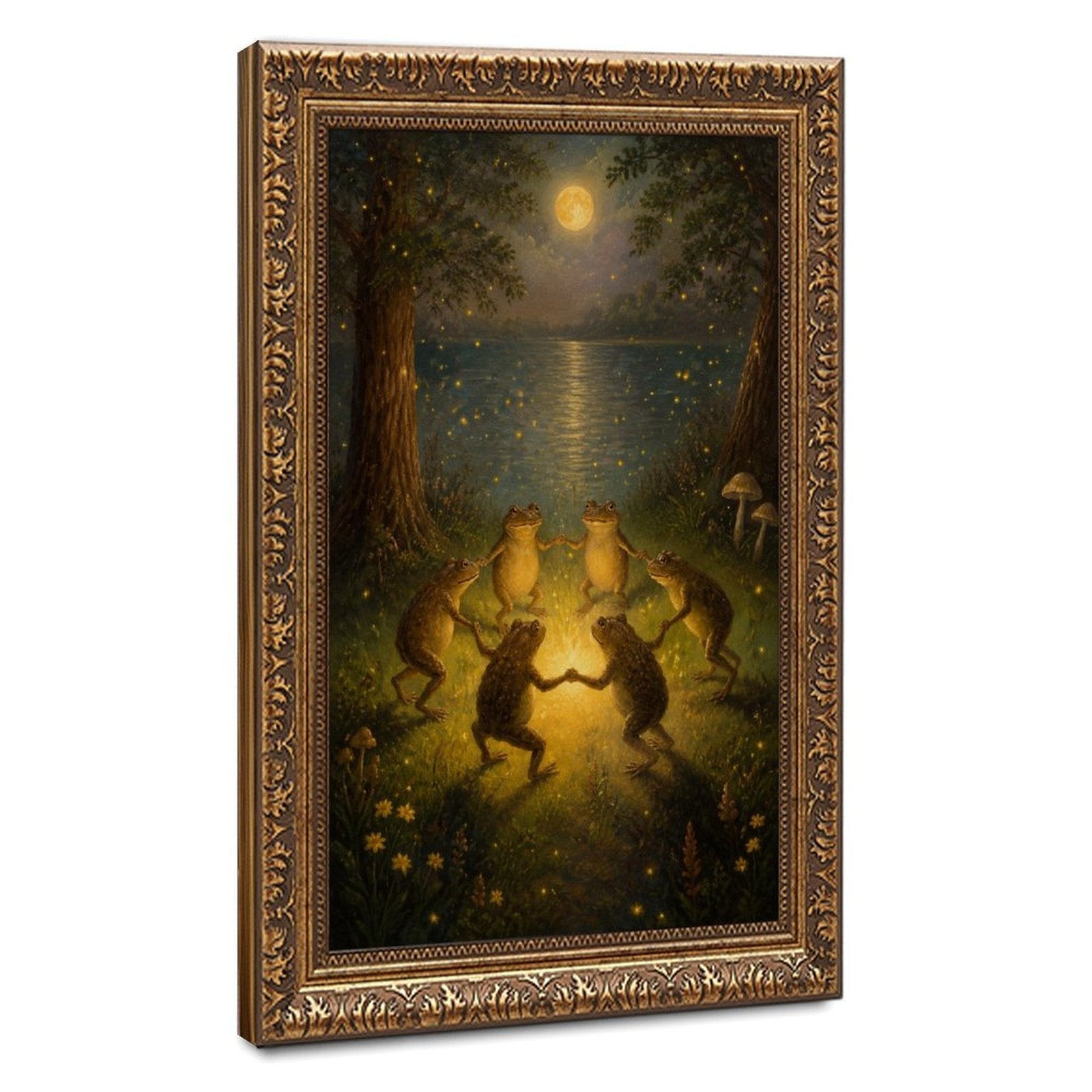 four frogs dancing around a glowing light by a moonlit pond in deep green, golden yellow, moonlit blue tones — Vintage Gold Frame HERO
